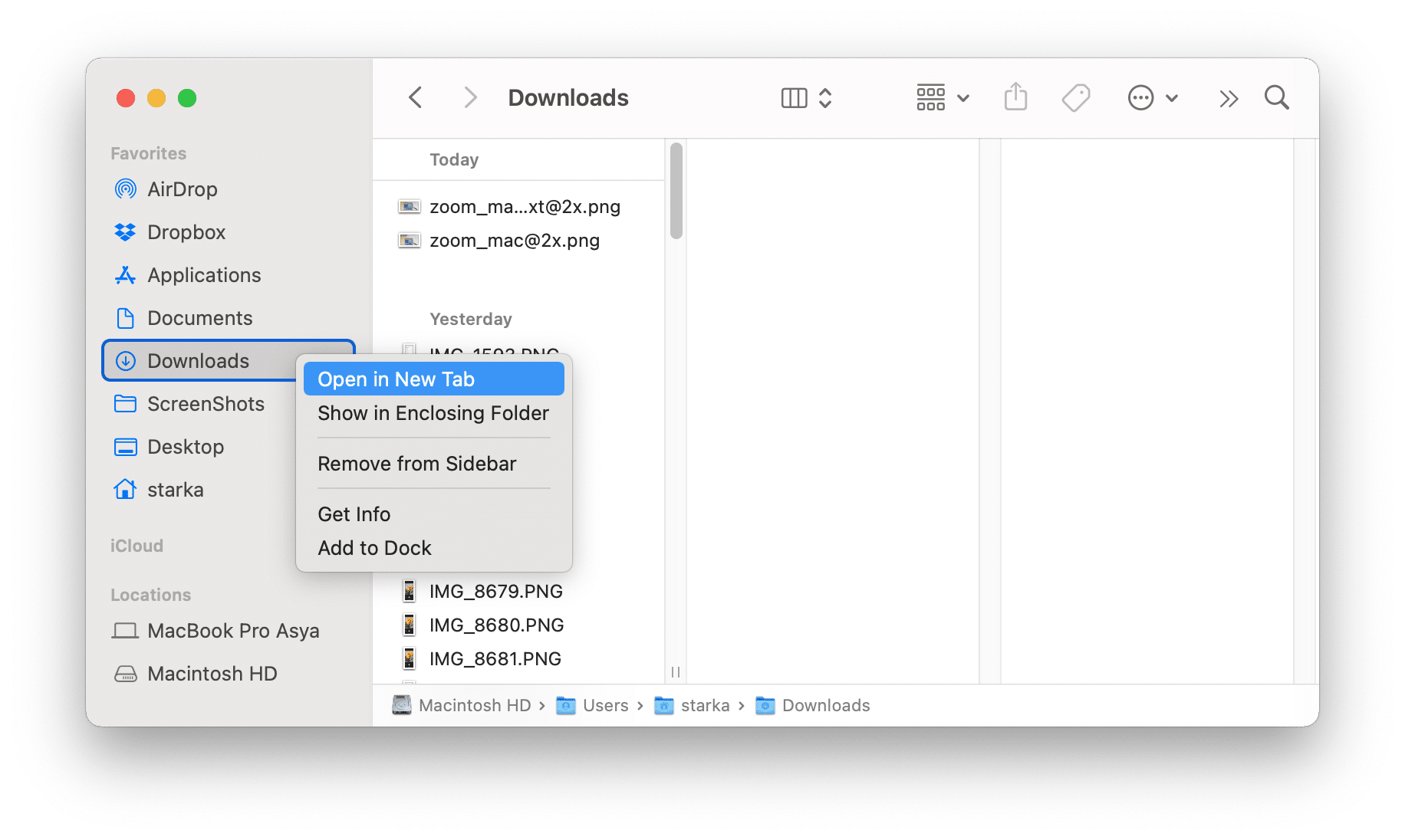 Finder window showing the option to open in new tab