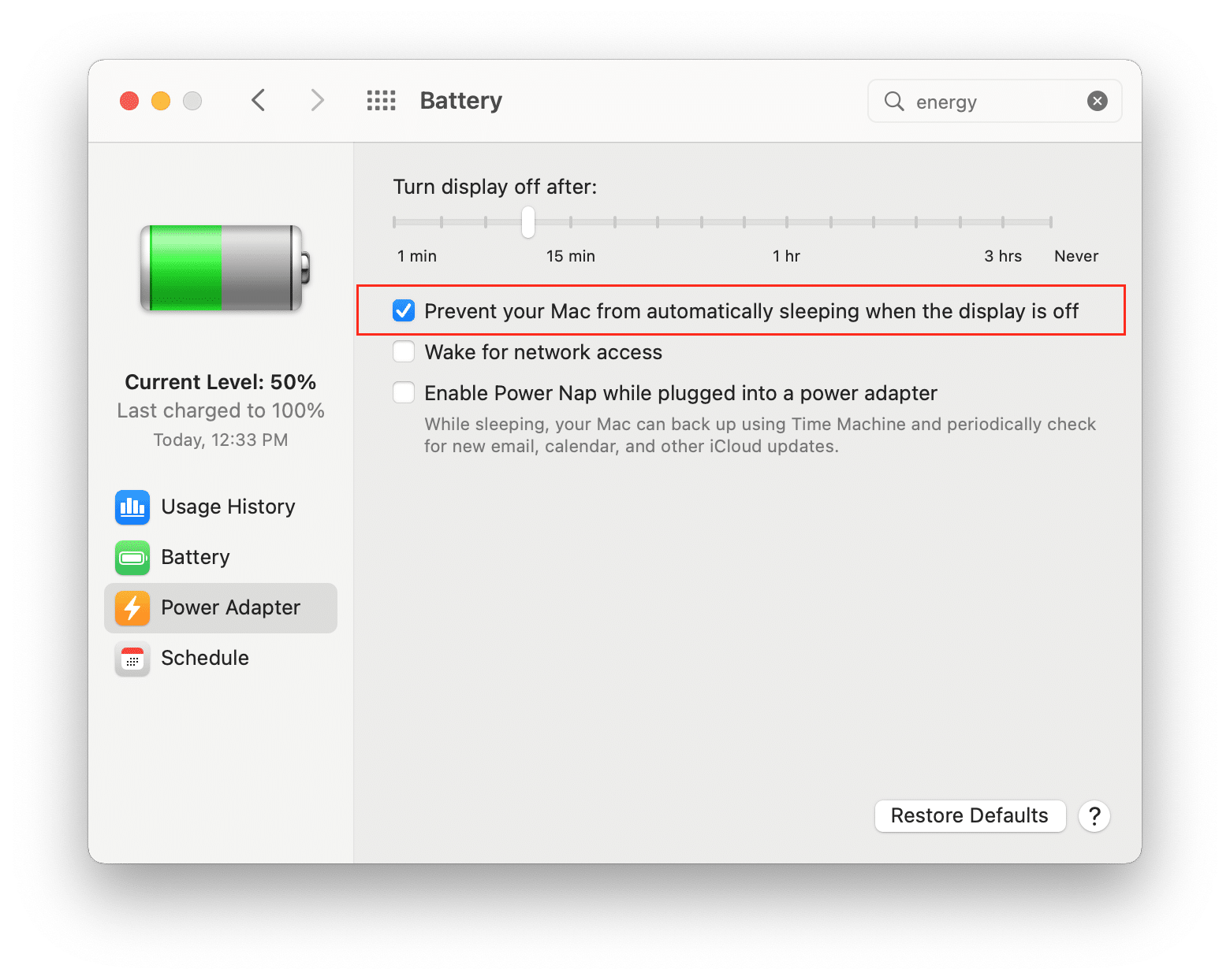 System Preferences showing the option to turn off sleep mode
