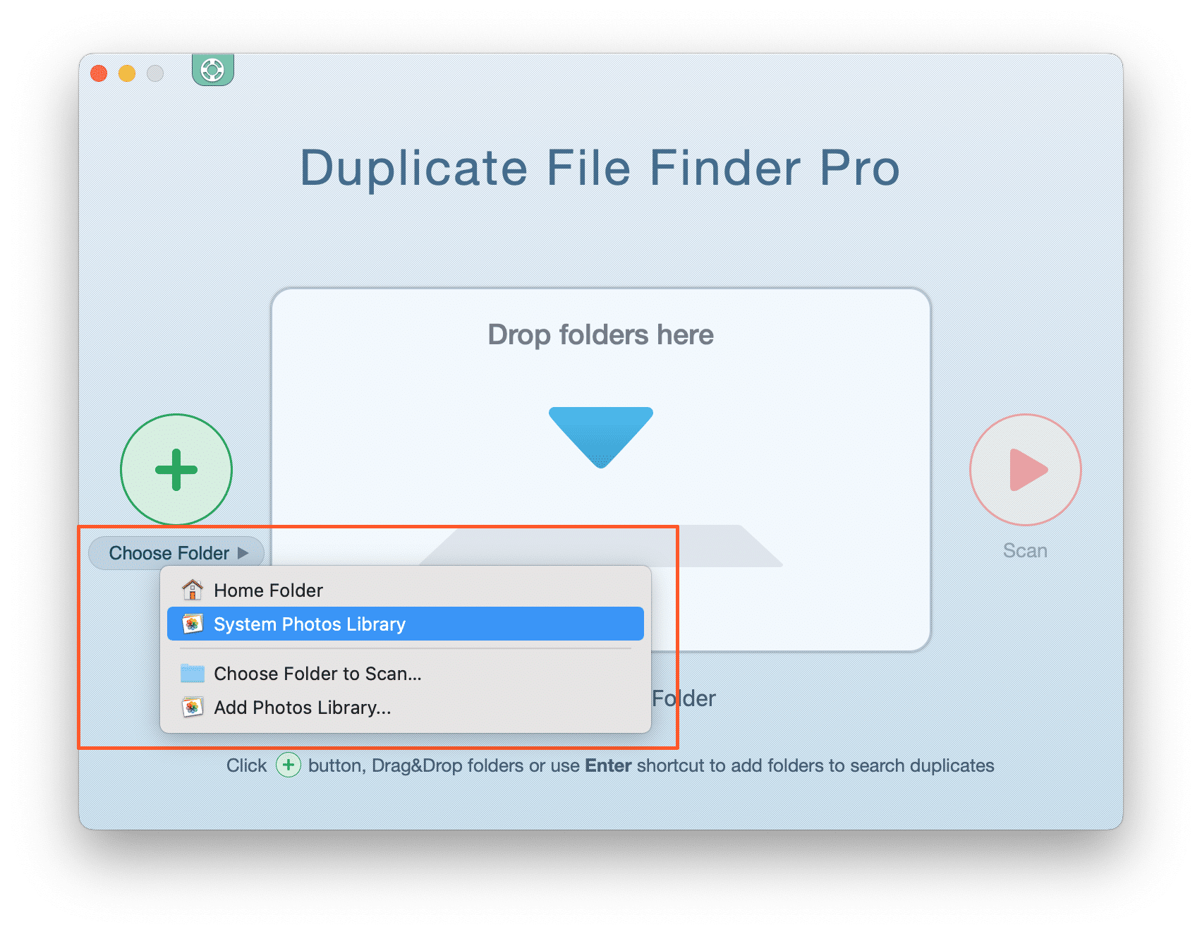 Duplicate File Finder start window showing how to choose a folder for scanning