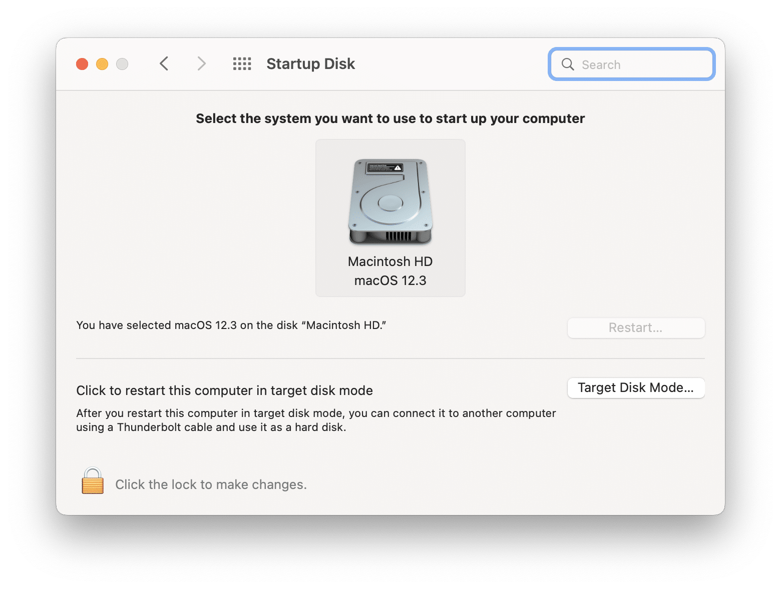 system preferences showing the startup disk section