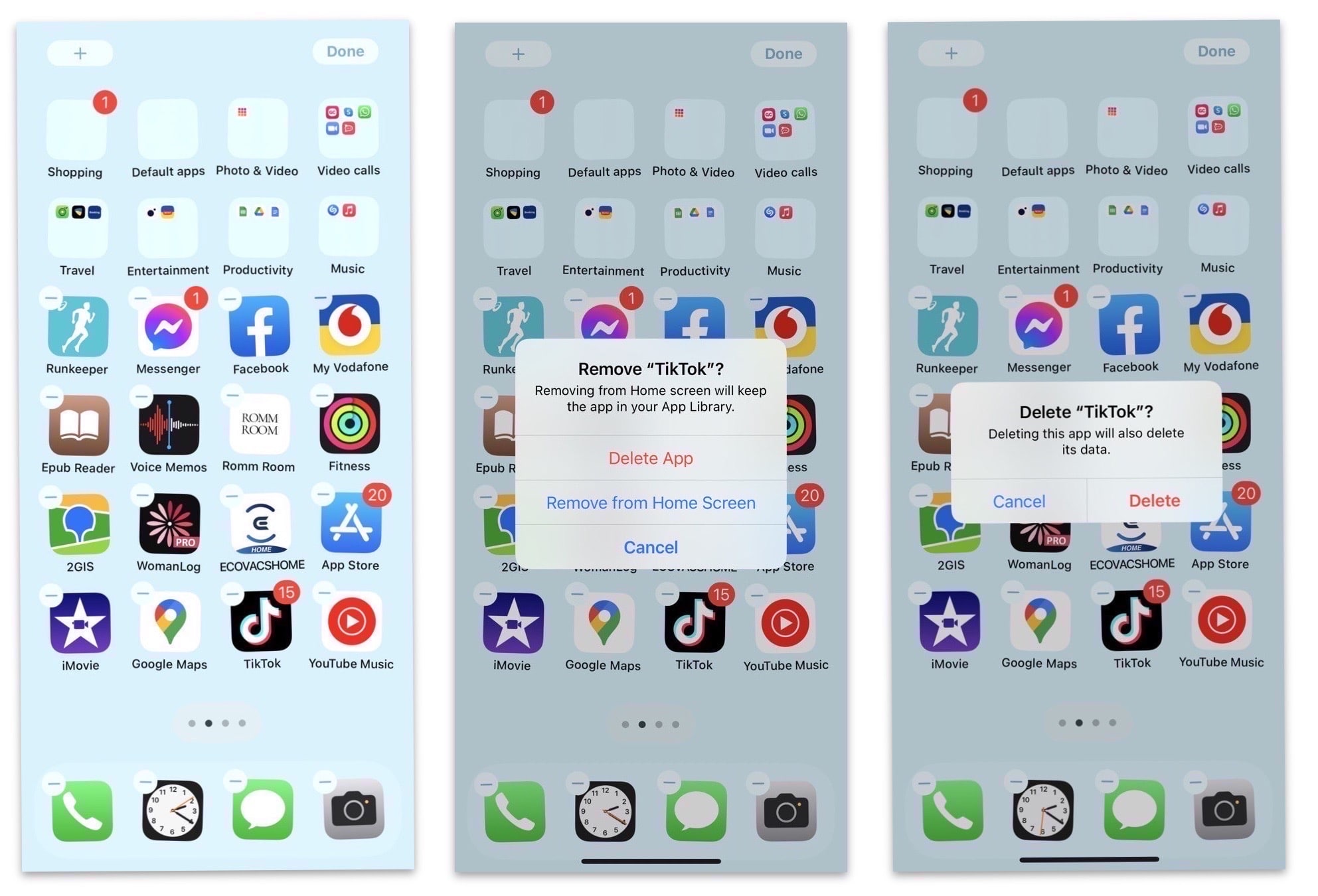 iPhone screens showing how to delete apps