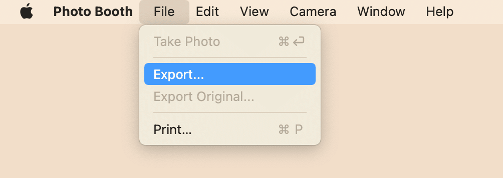 Photo Booth menu with the Export option