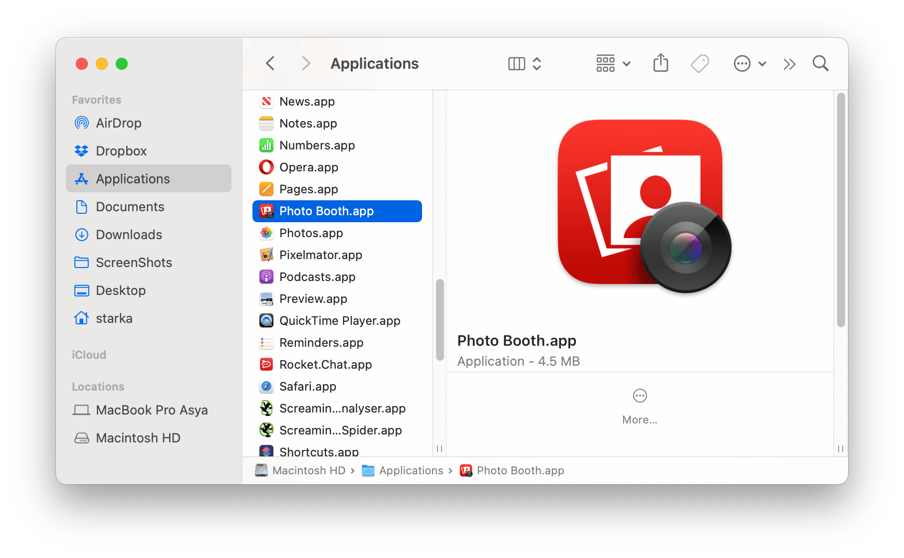 applications folder showing Photo Booth