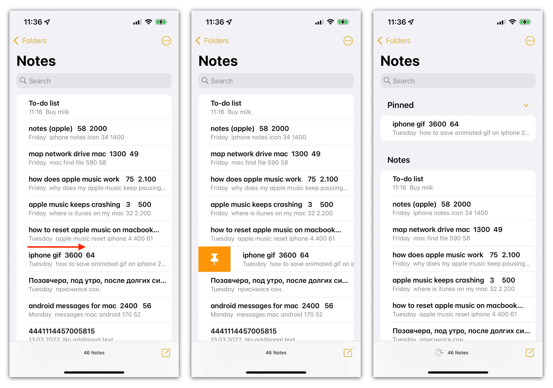 iPhone screens showing how to pin notes
