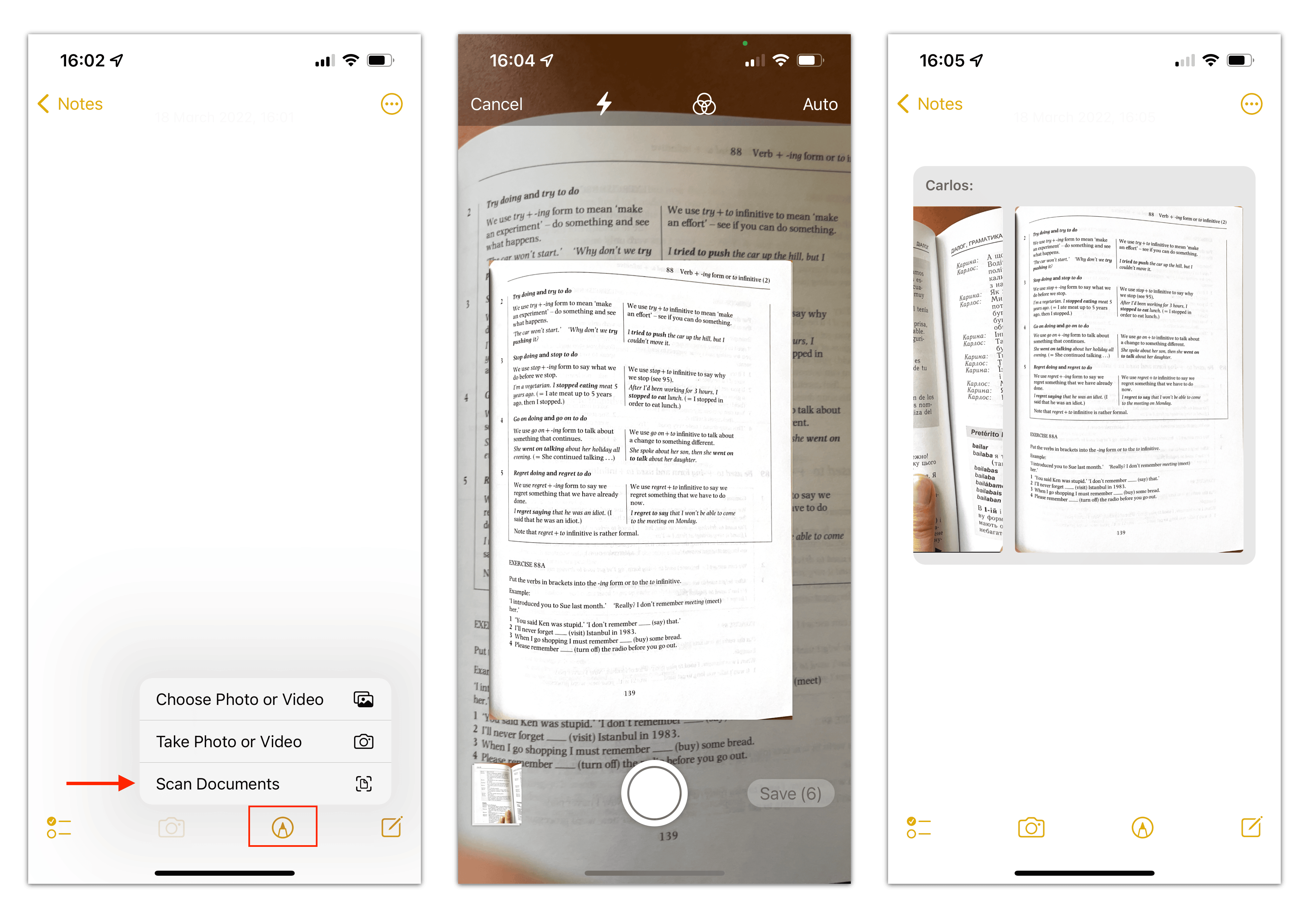 iPhone screens showing how to scan documents in notes