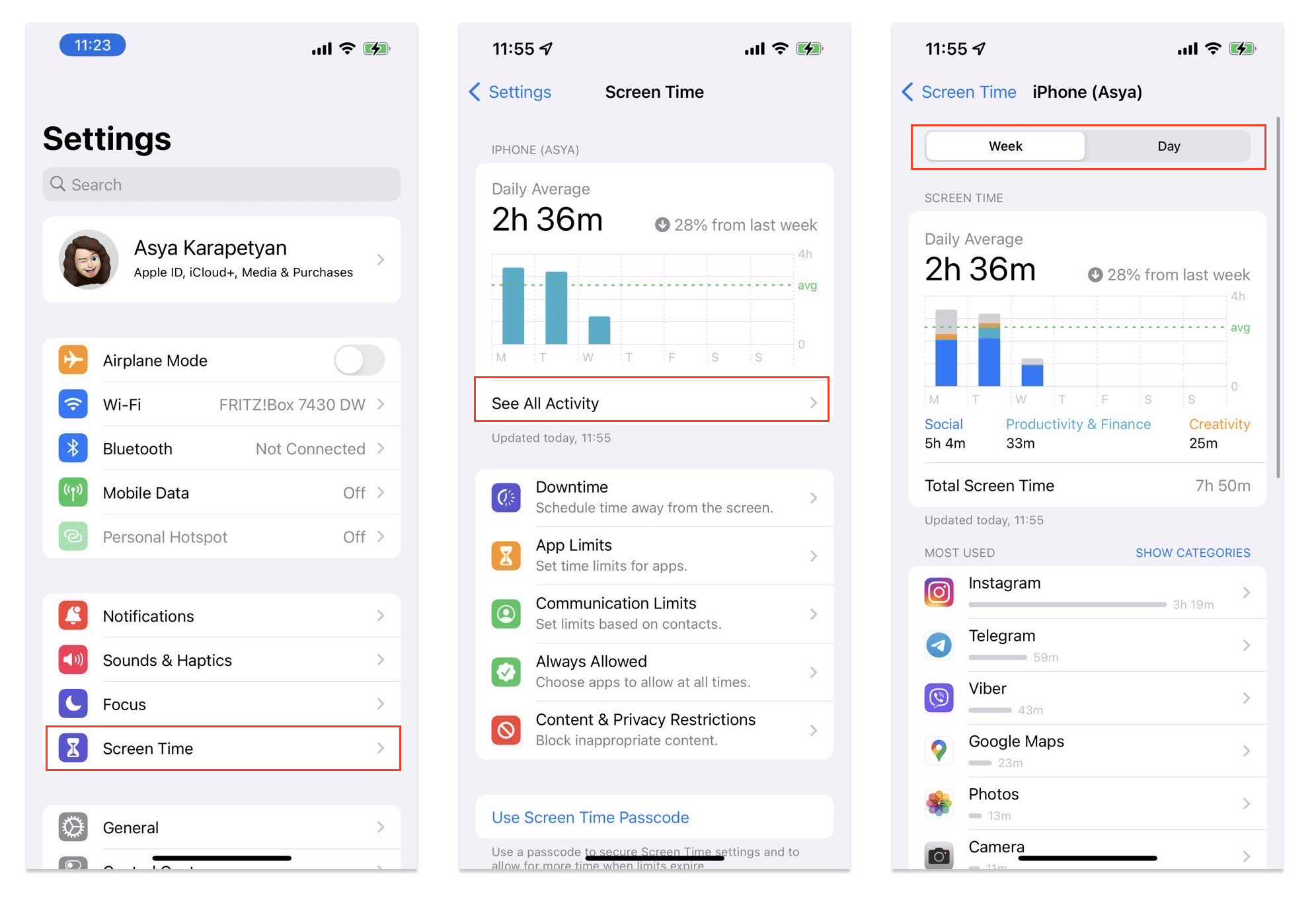 Viewing screen time statistics on iPhone