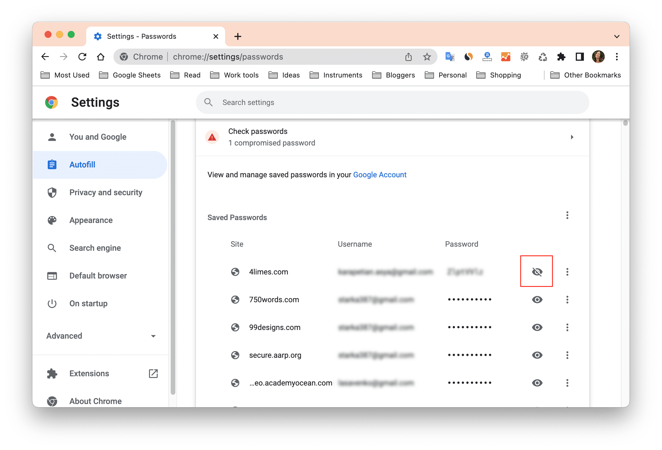 Chrome preferences showing passwords