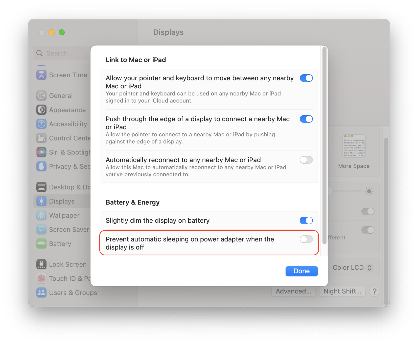 System Settings showing the Display section