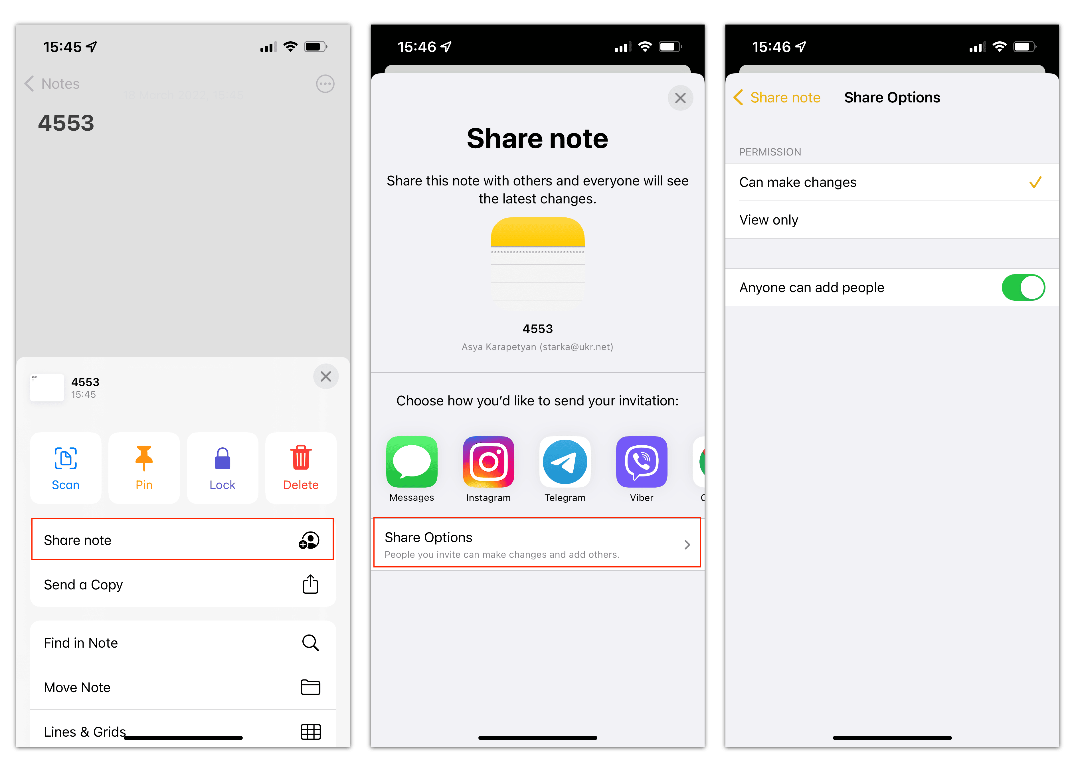 iphone screens showing how to share notes