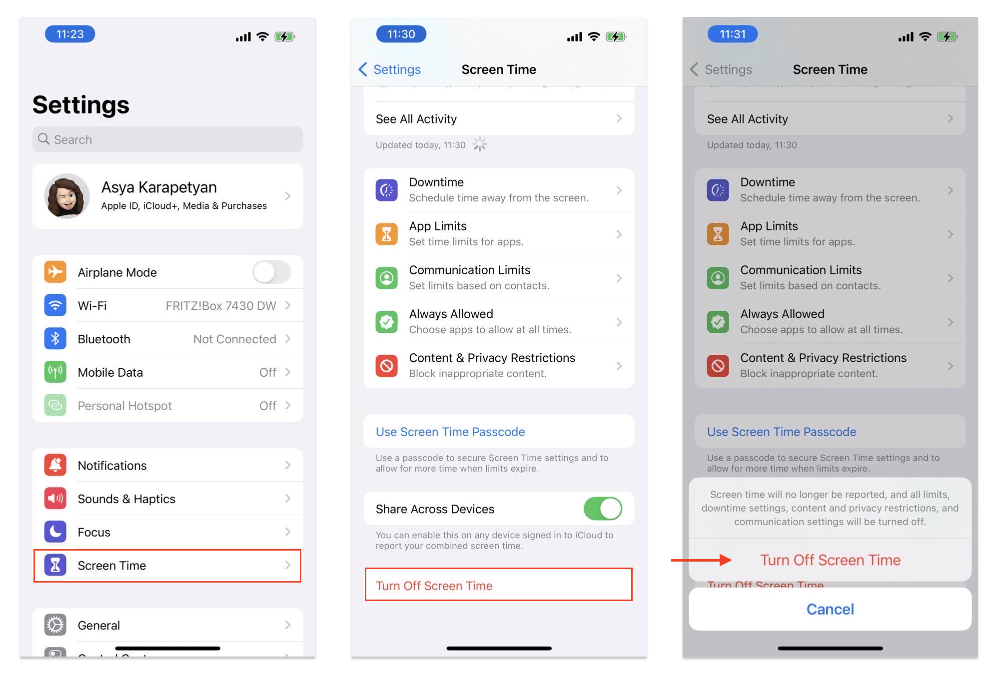 turning off screen time on iphone