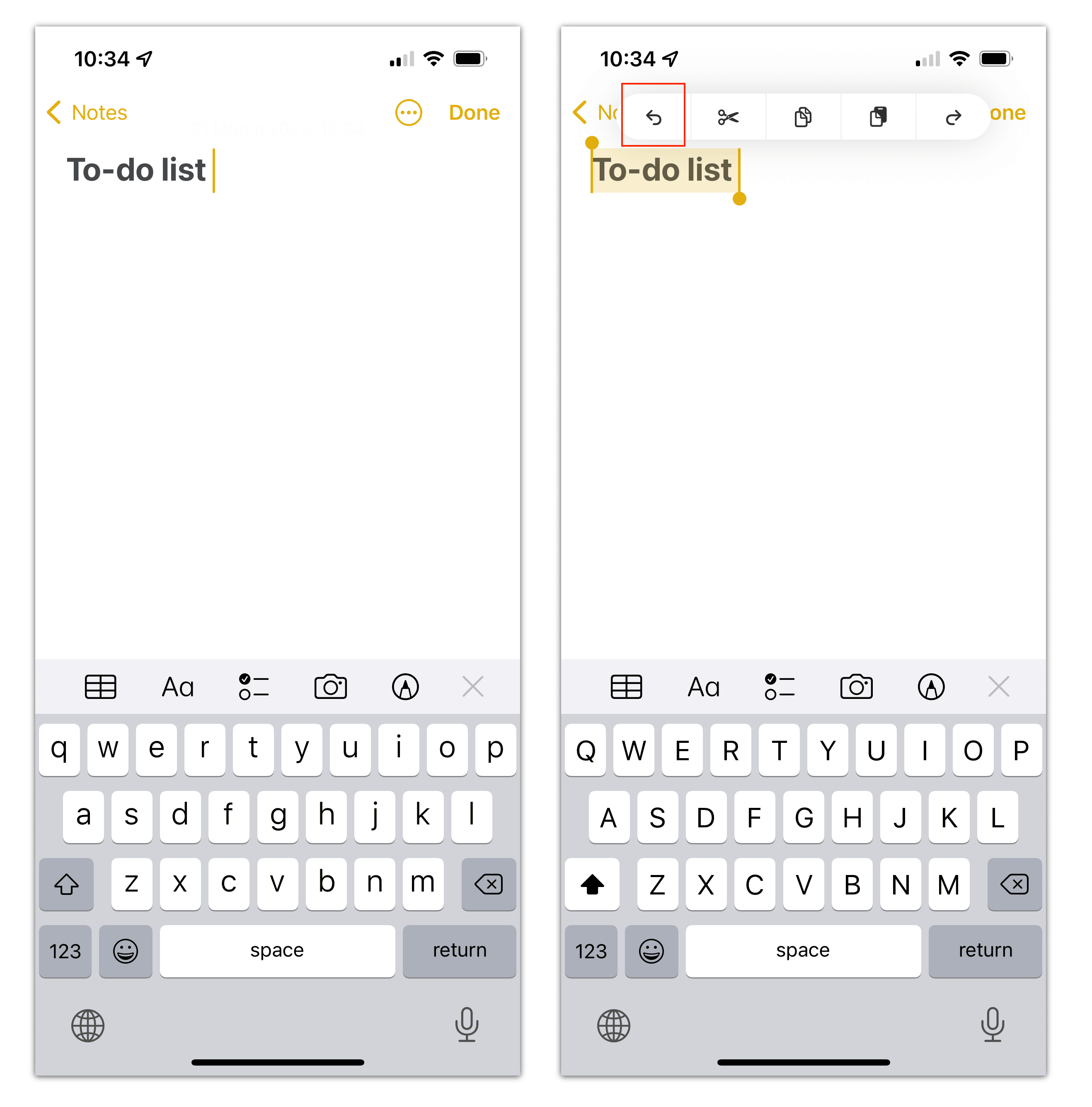 the Notes app showing the context menu