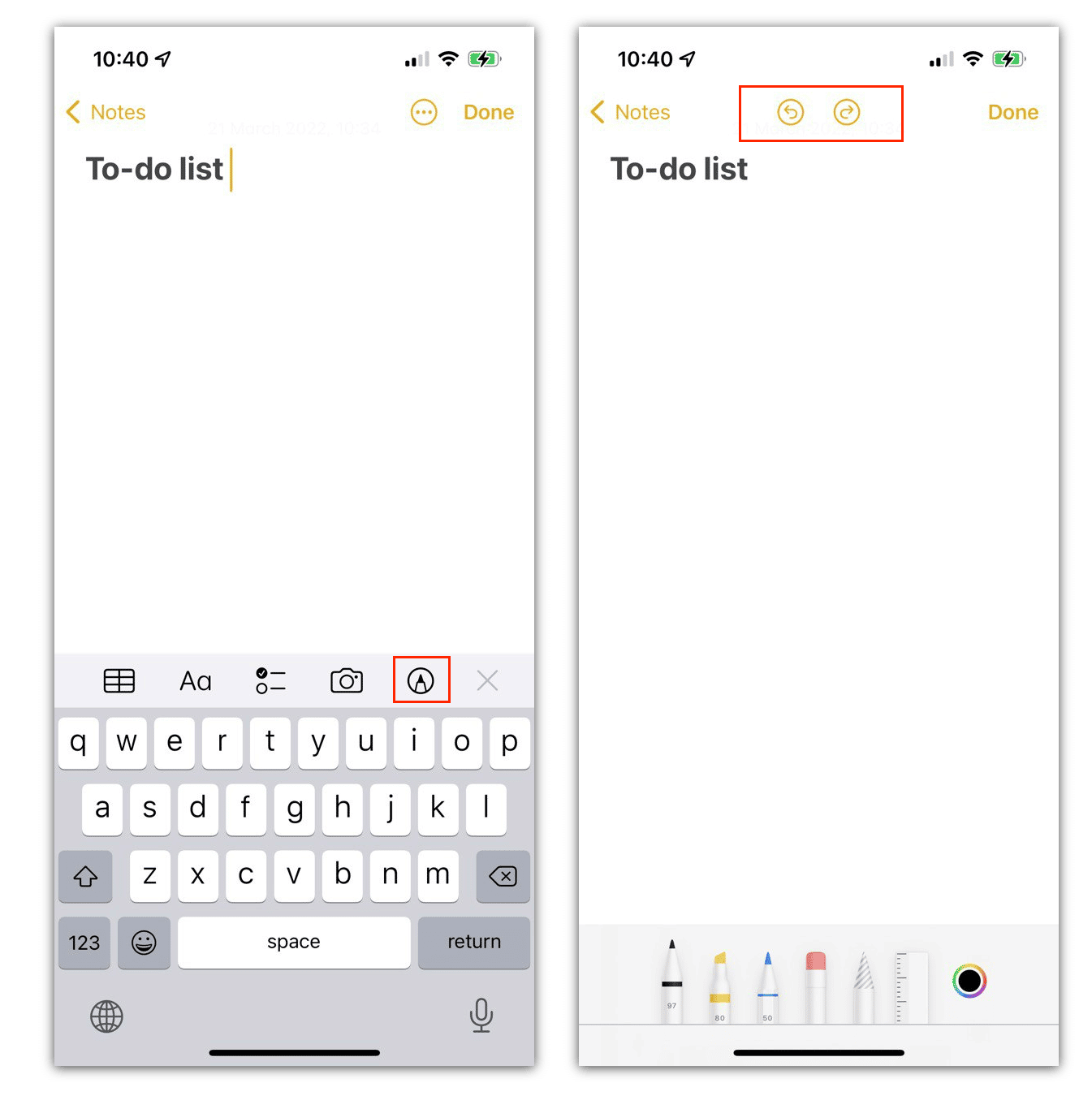 Notes in iPhone showing how to undo in drawing mode