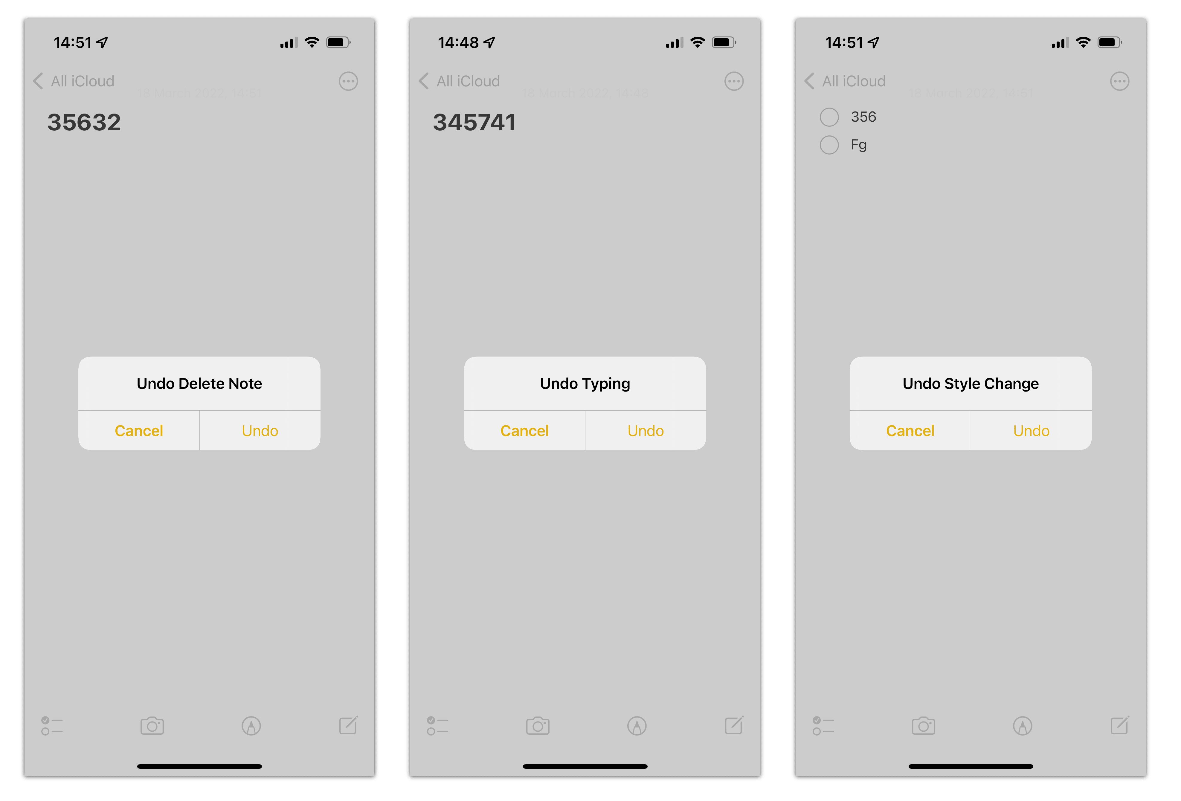 iPhone screens showing the message to undo in Notes