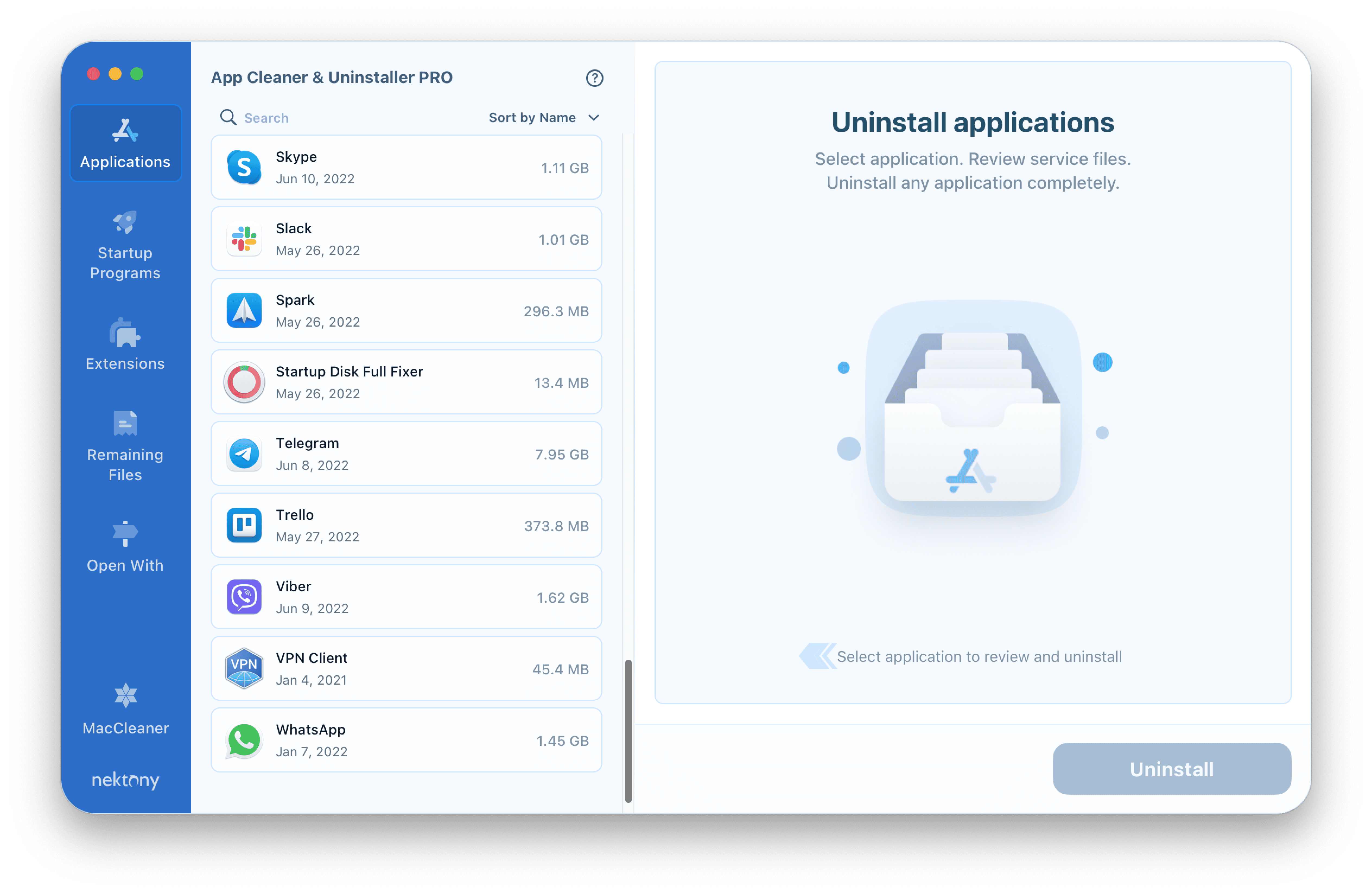 App Cleaner & Uninstaller showing Applications tab