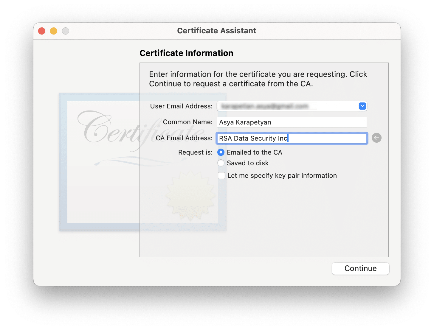 Certificate assistance window