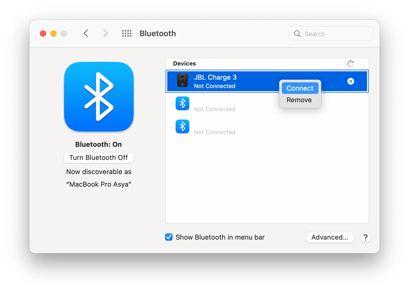 Bluetooth settings showing how to connect device