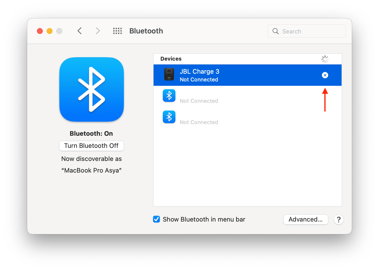 bluetooth preferences window showing how to disconnect device