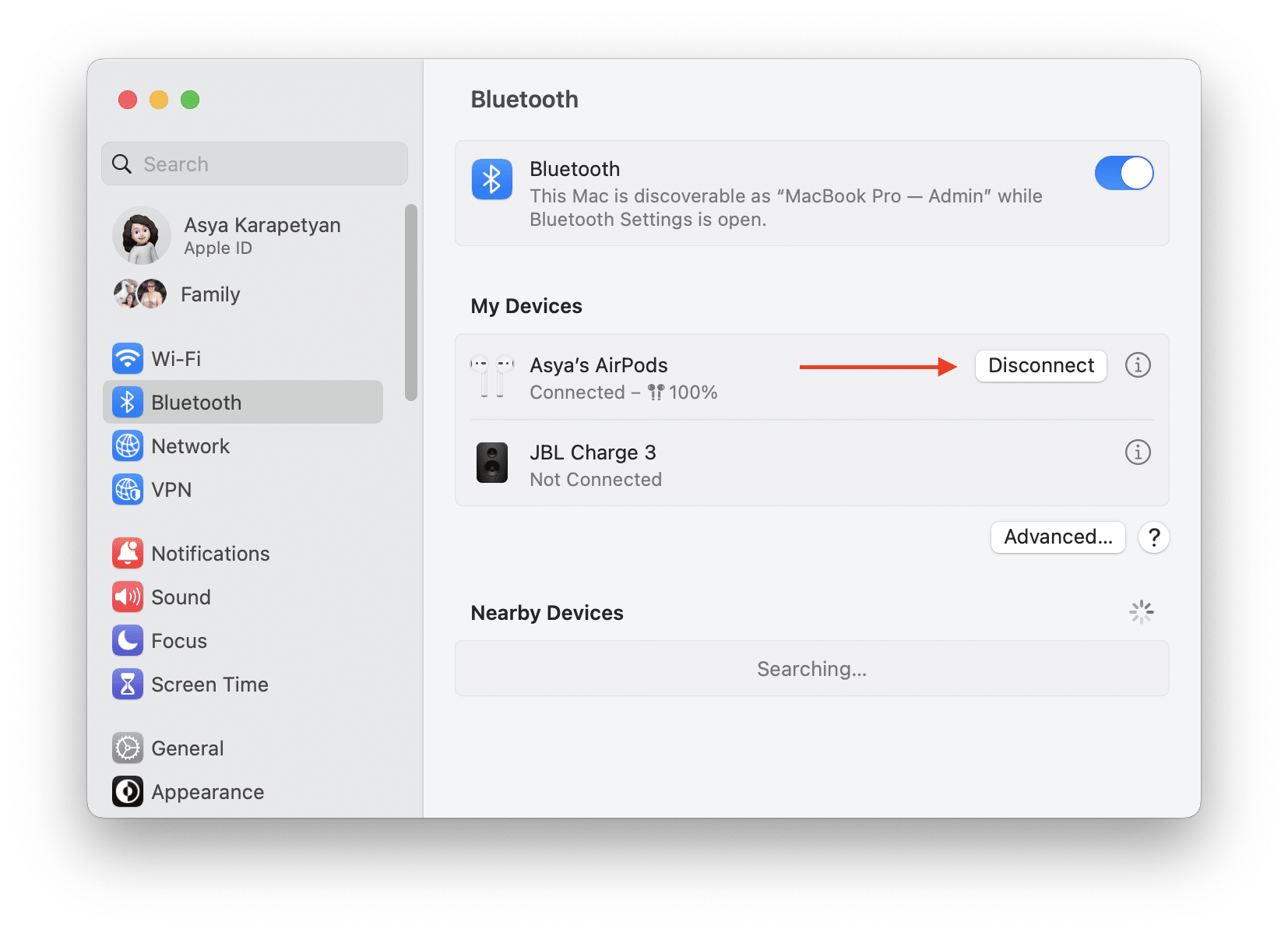 Bluetooth settings window showing how to disconnect device