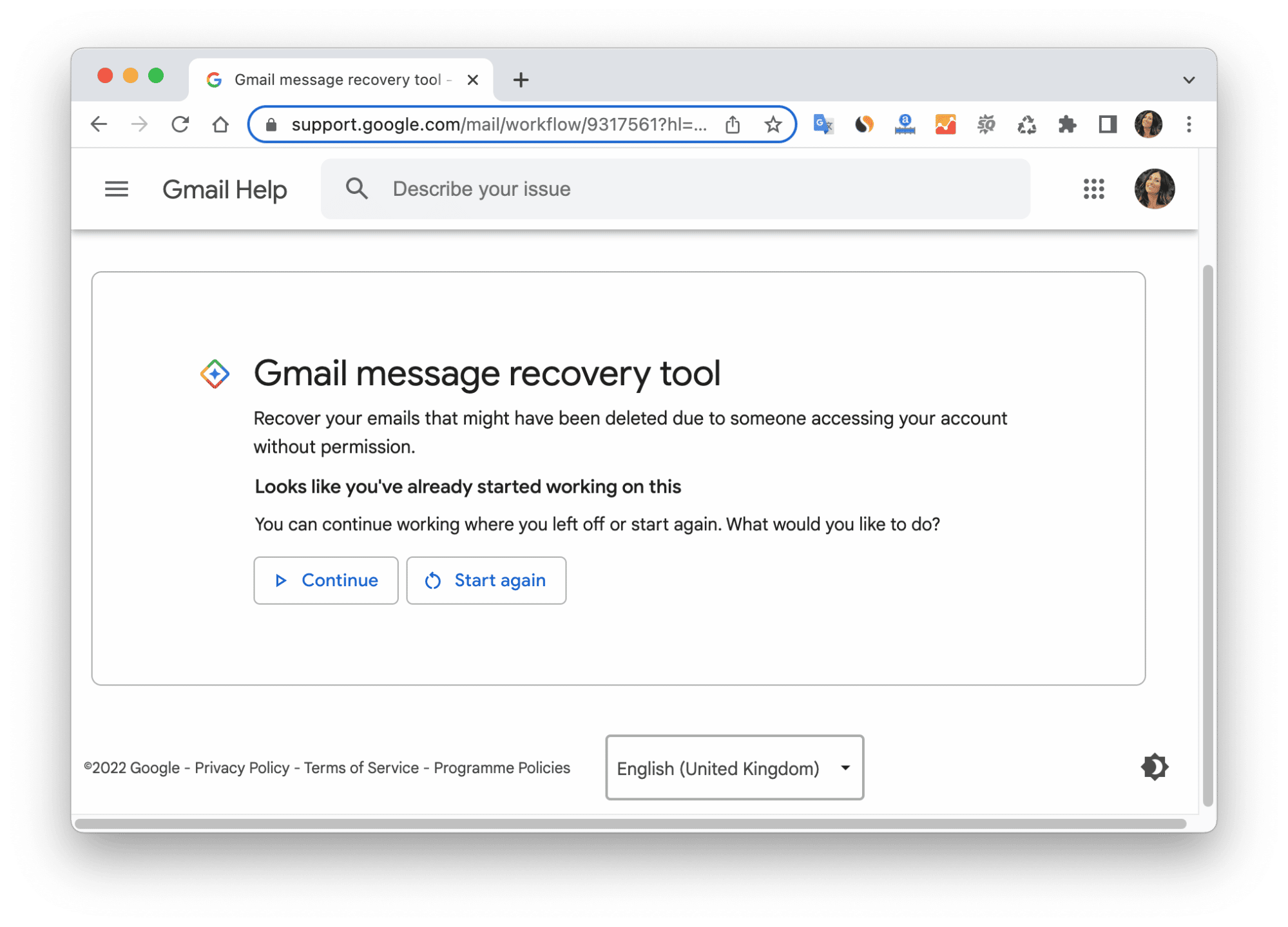 Gmail message recovery tool page