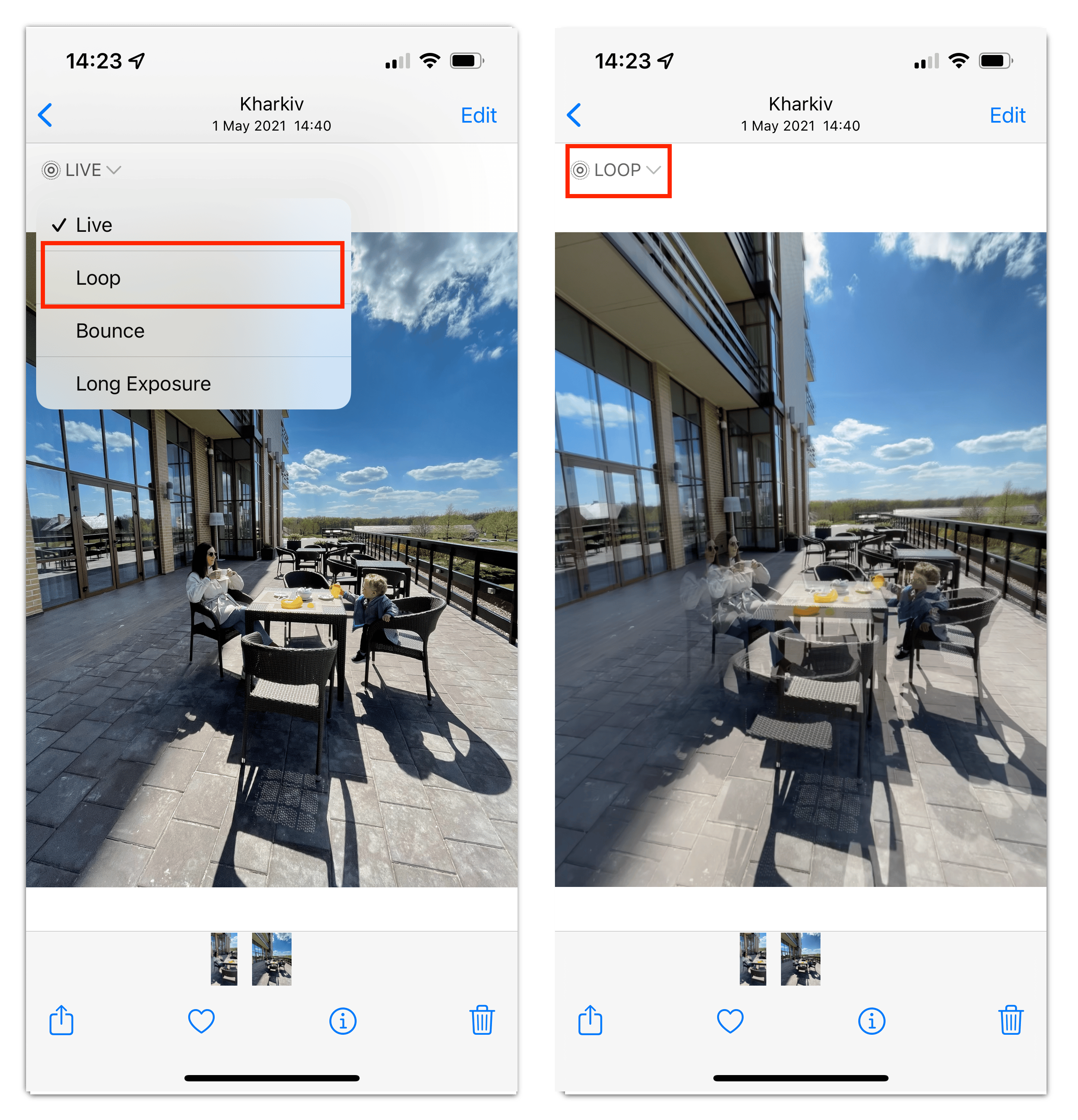 iPhone screens showing how to enable Loop for live photos
