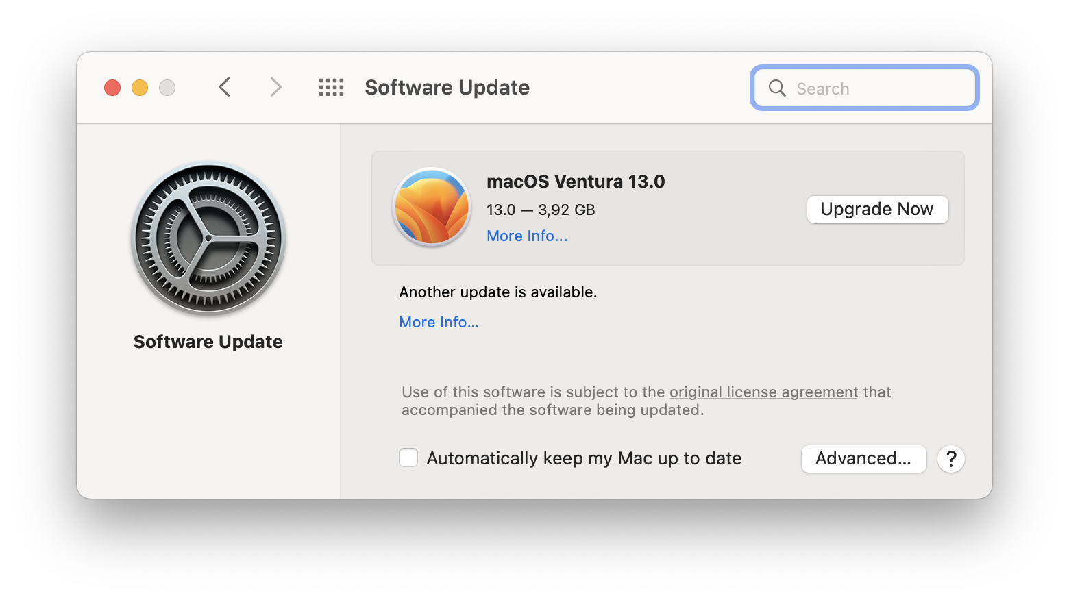software update window showing Ventura upgrade button