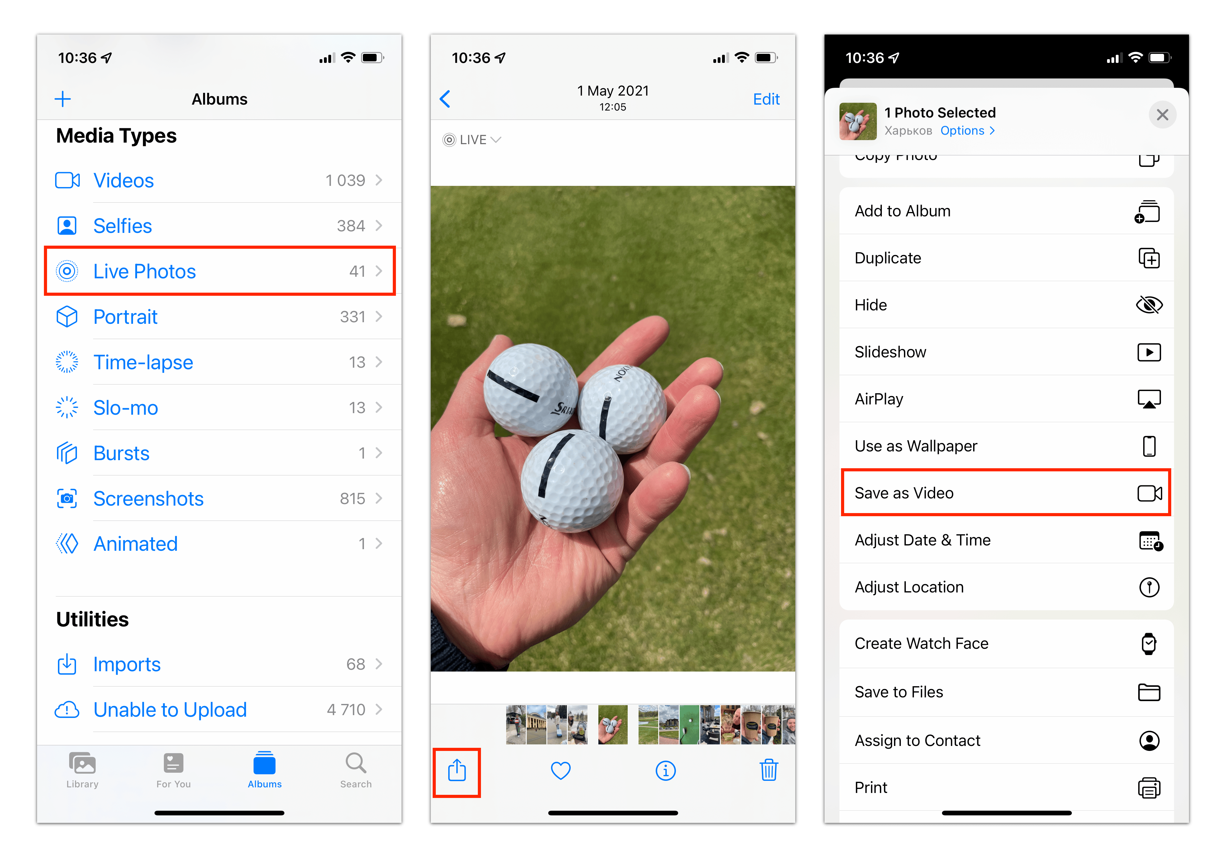 iPhone screens showing how to make a live photo into a video
