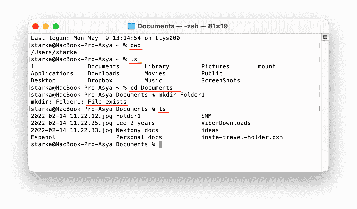 Terminal window showing a command to create a new folder on a Mac