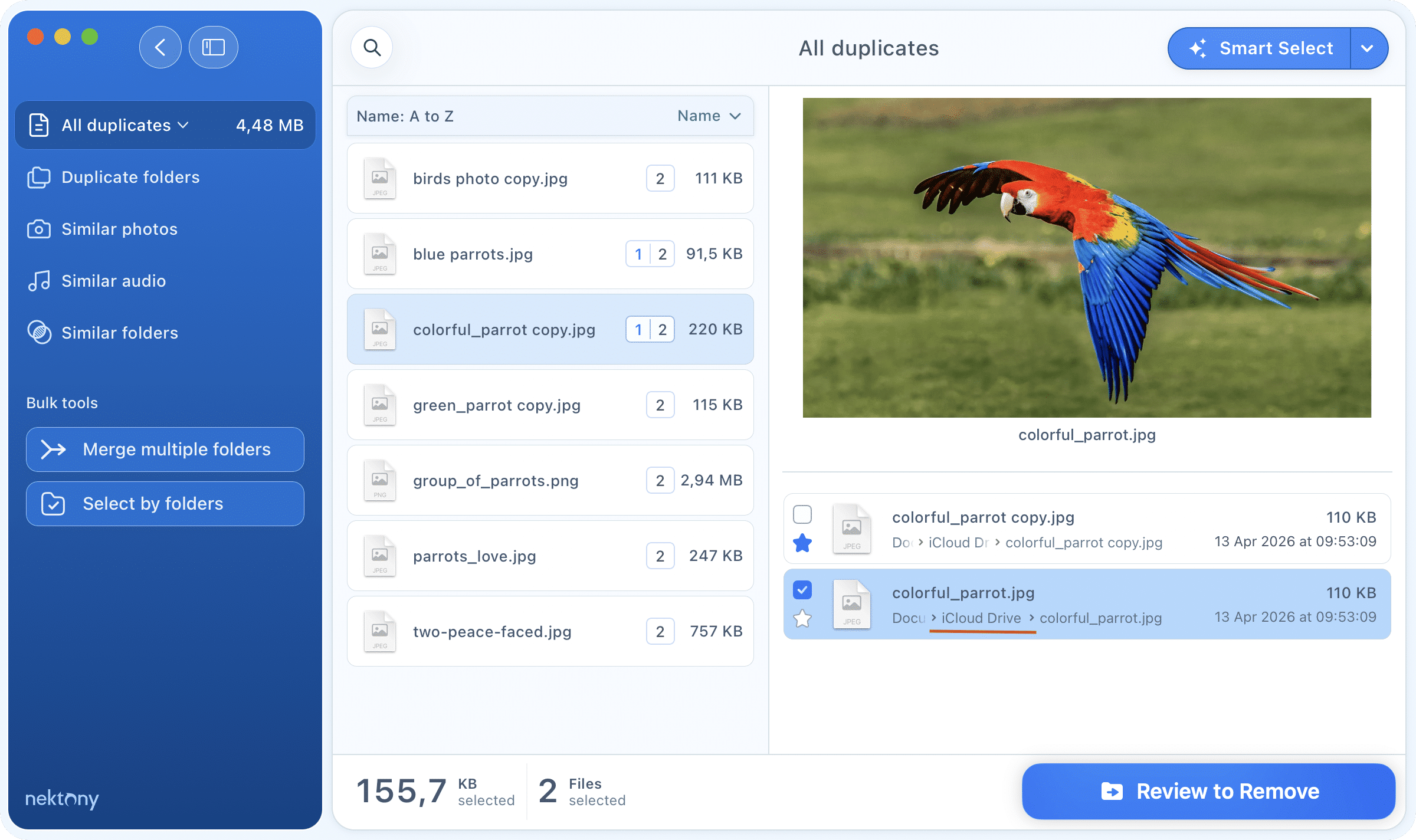 Select and remove duplicate files in iCloud Duplicate File Finder showing files in iCloud
