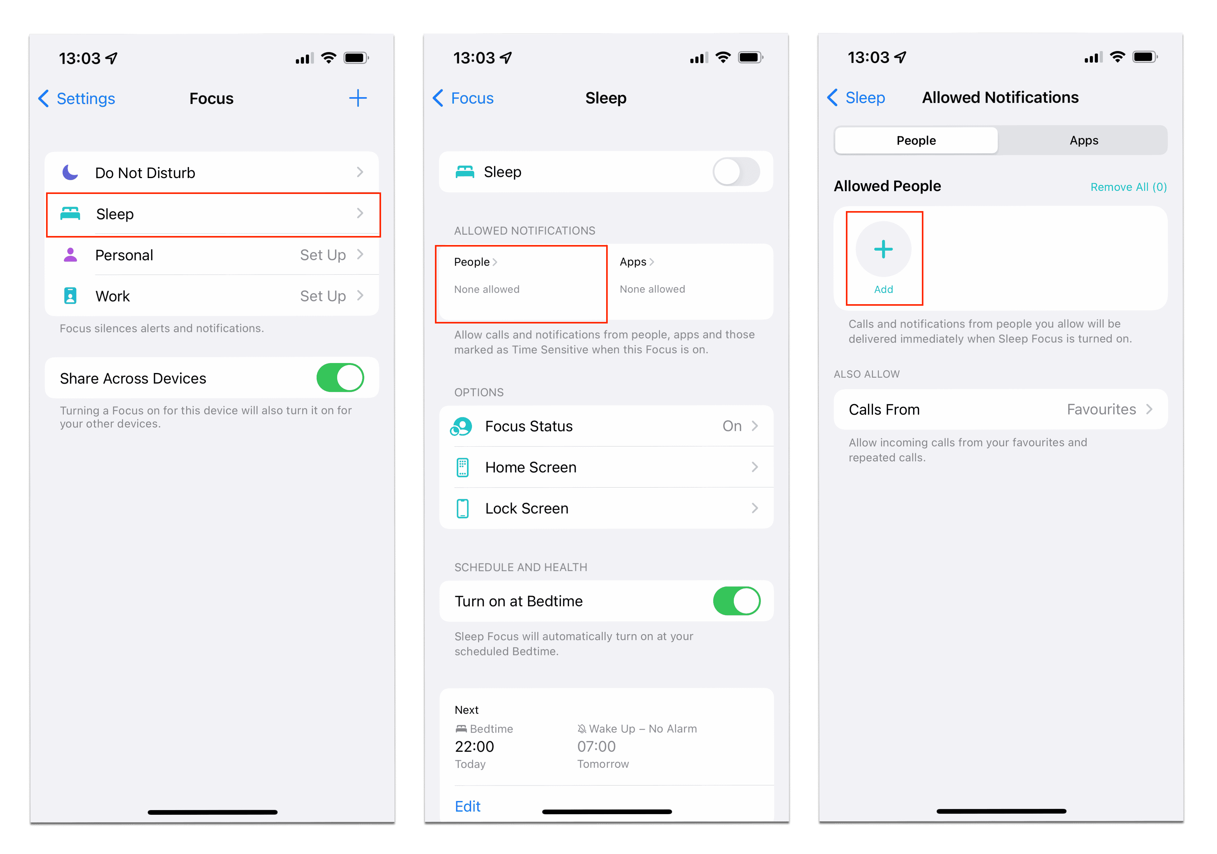 iPhone screens showing how to exclude contacts from Focus mode