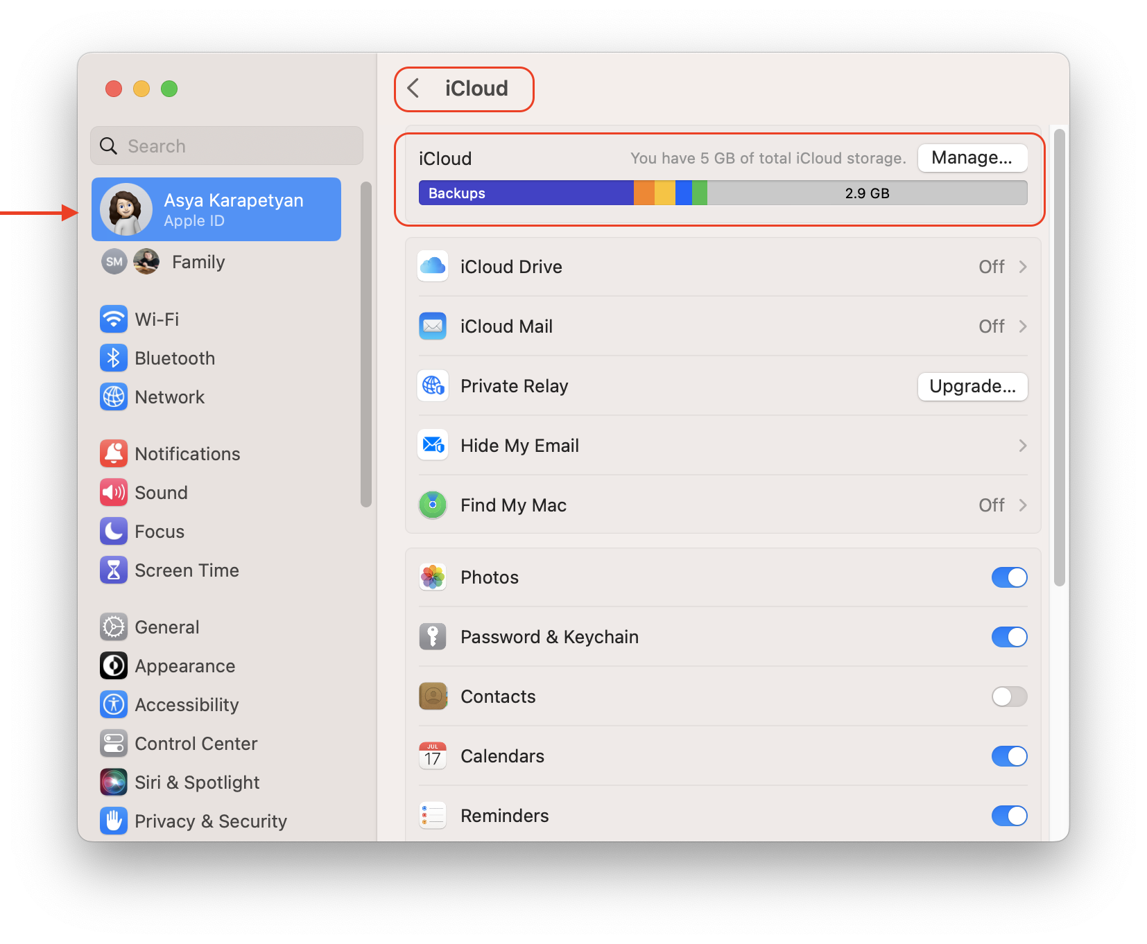 system settings showing icloud usage
