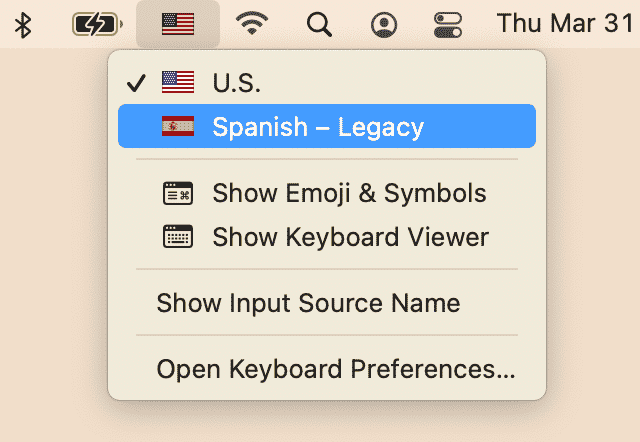 languages in the Mac menu bar