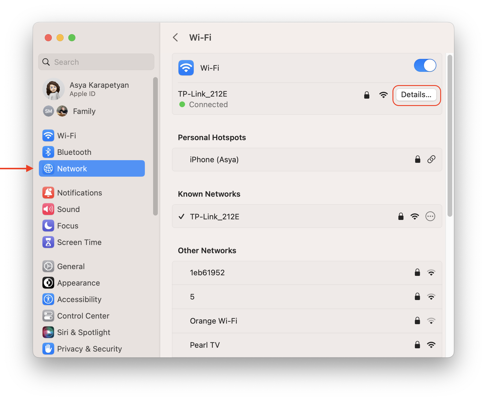 system settings showing where to find IP address