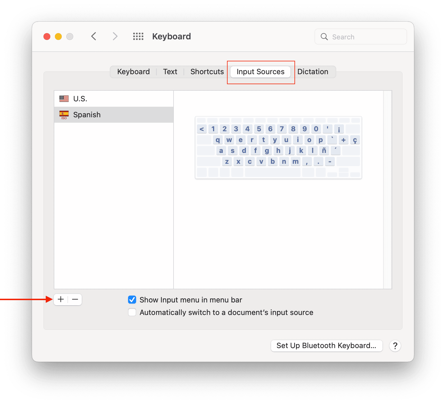 System Preferences showing how to add a language to a Mac keyboard