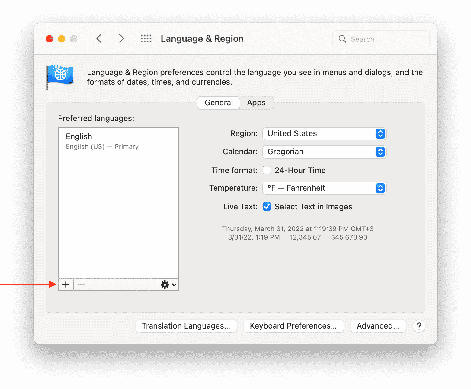 System Preferences showing Language and region settings
