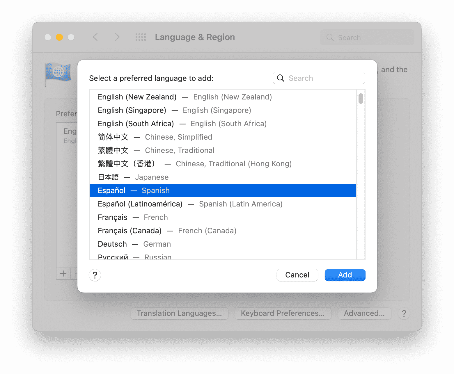 Adding preferred languages on a Mac