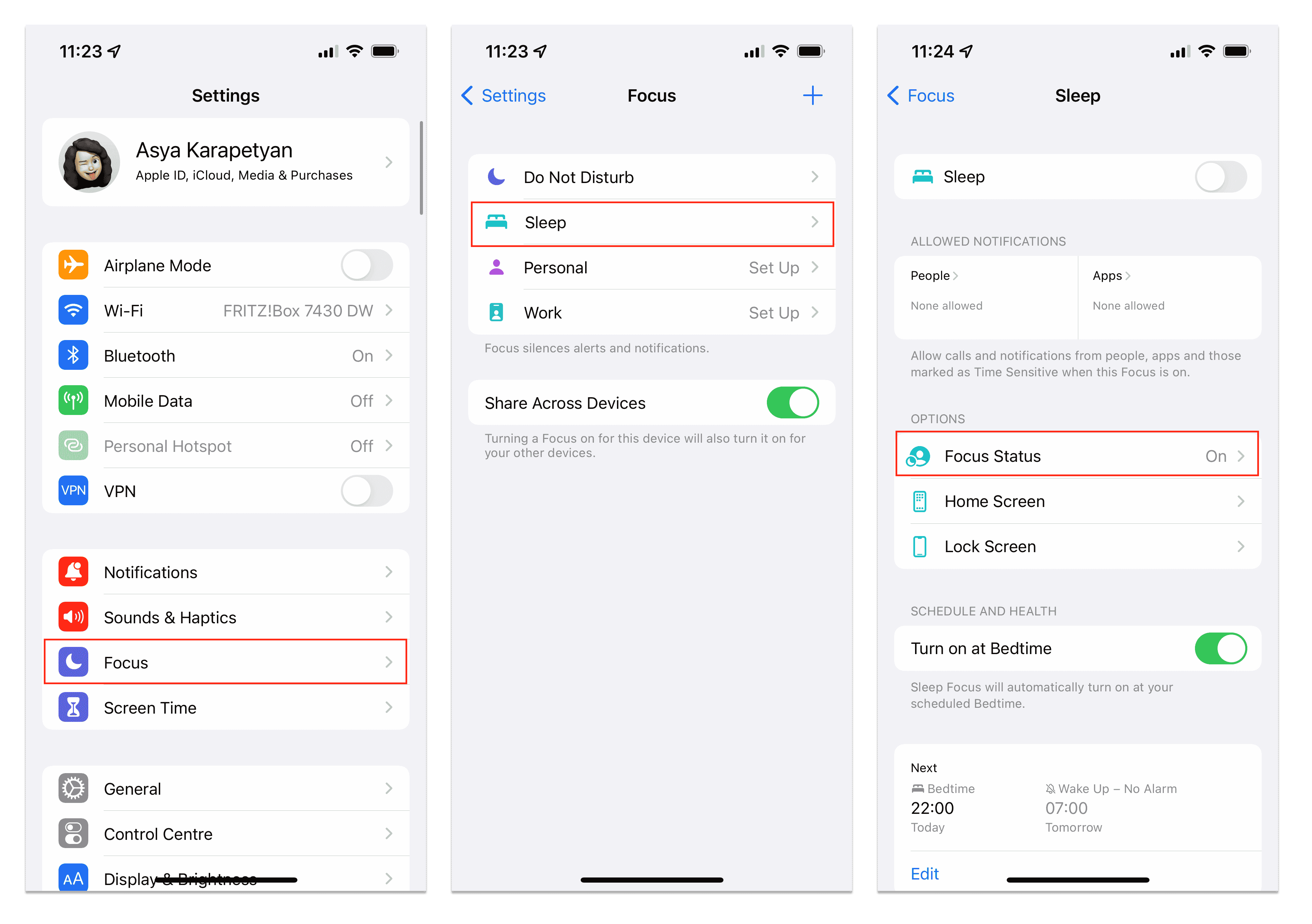 iPhone screens showing how to turn on Share Focus Status