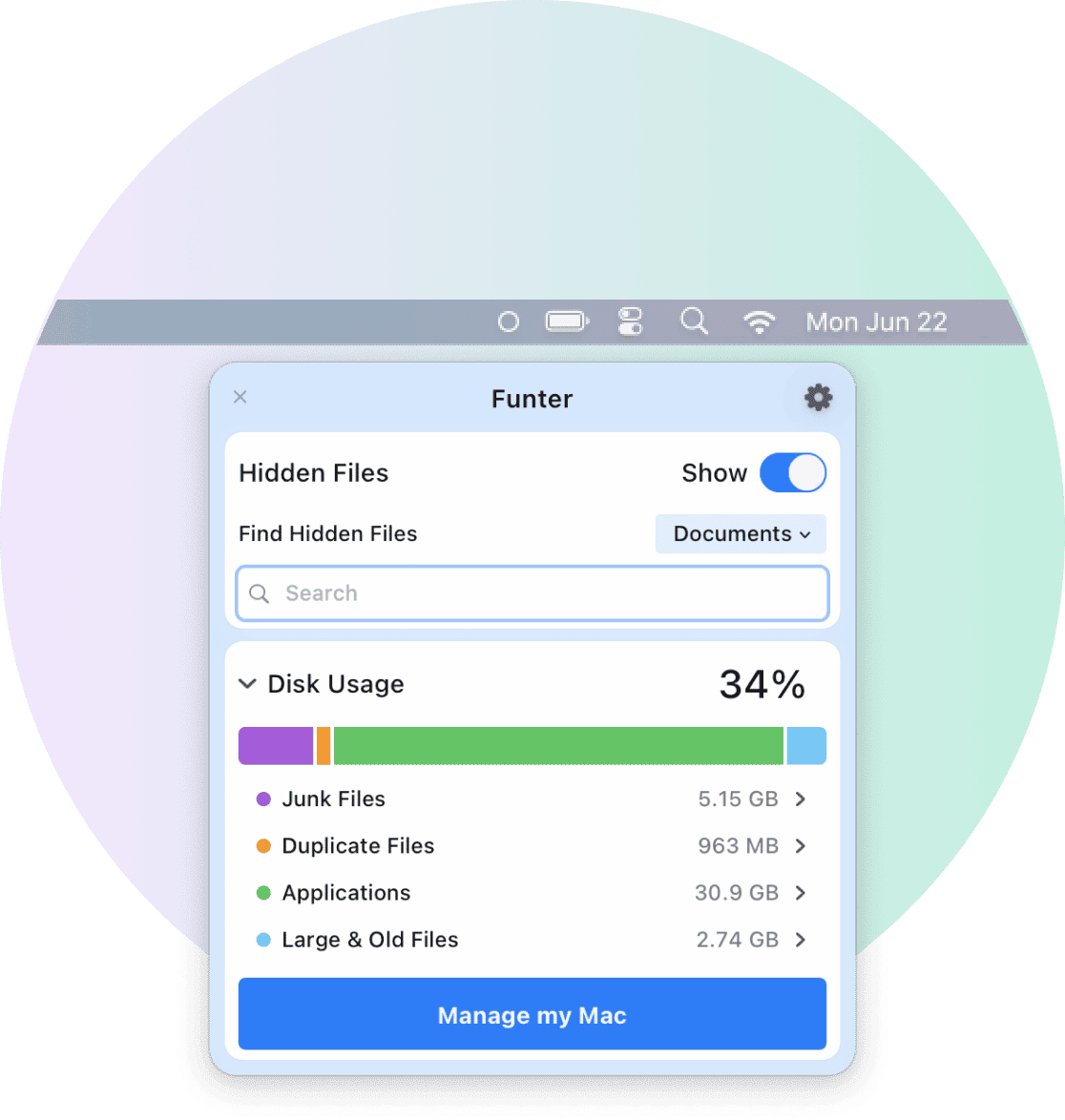 Funter window showing memory and disk usage on Mac