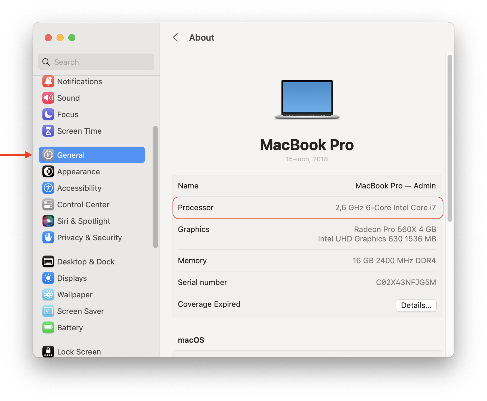 system settings showing mac's processor info