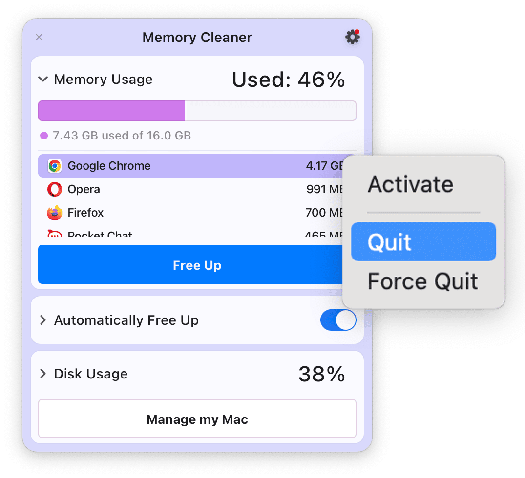 memory cleaner showing the option to quit apps