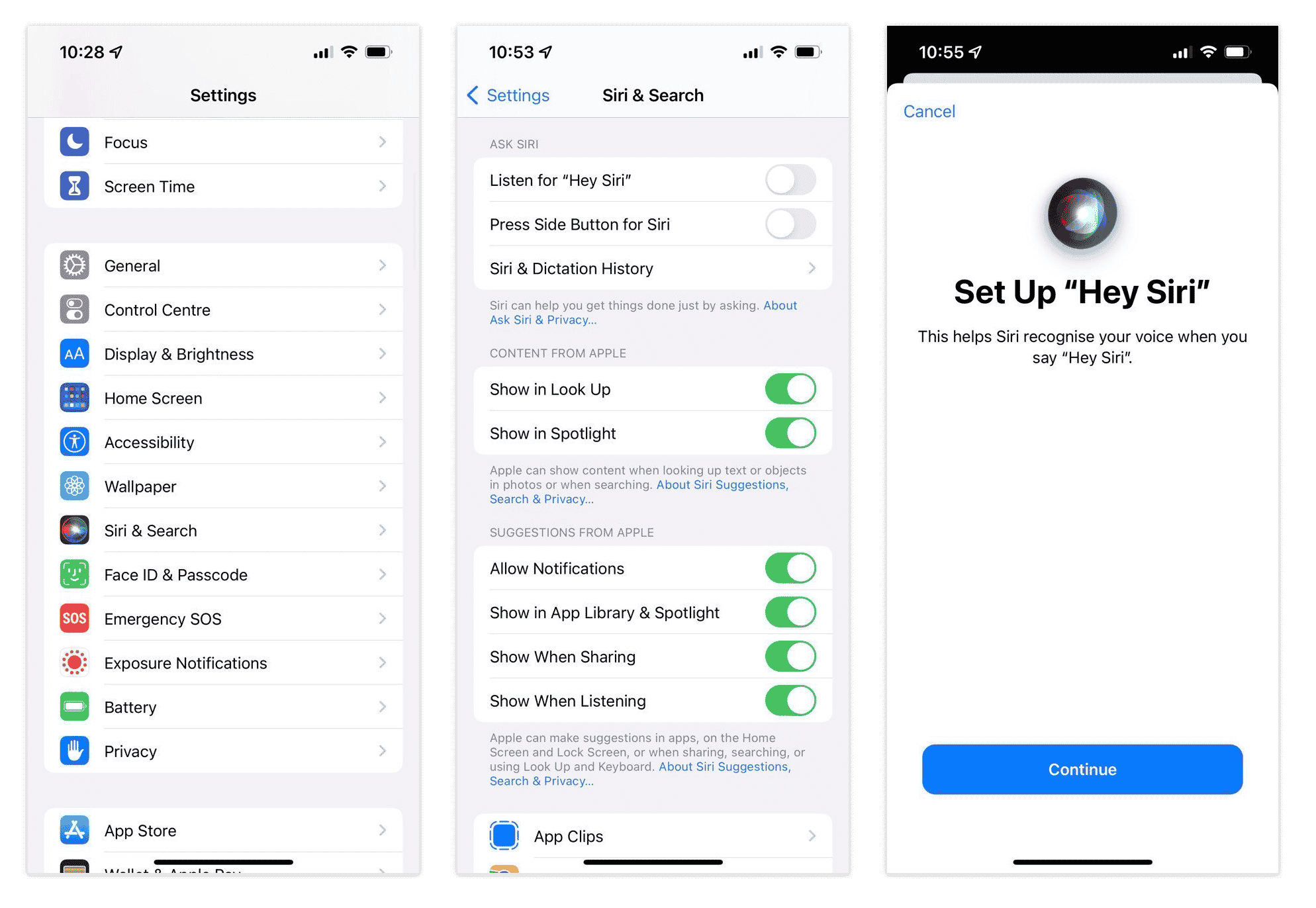 iPhone screens showing how to set up siri