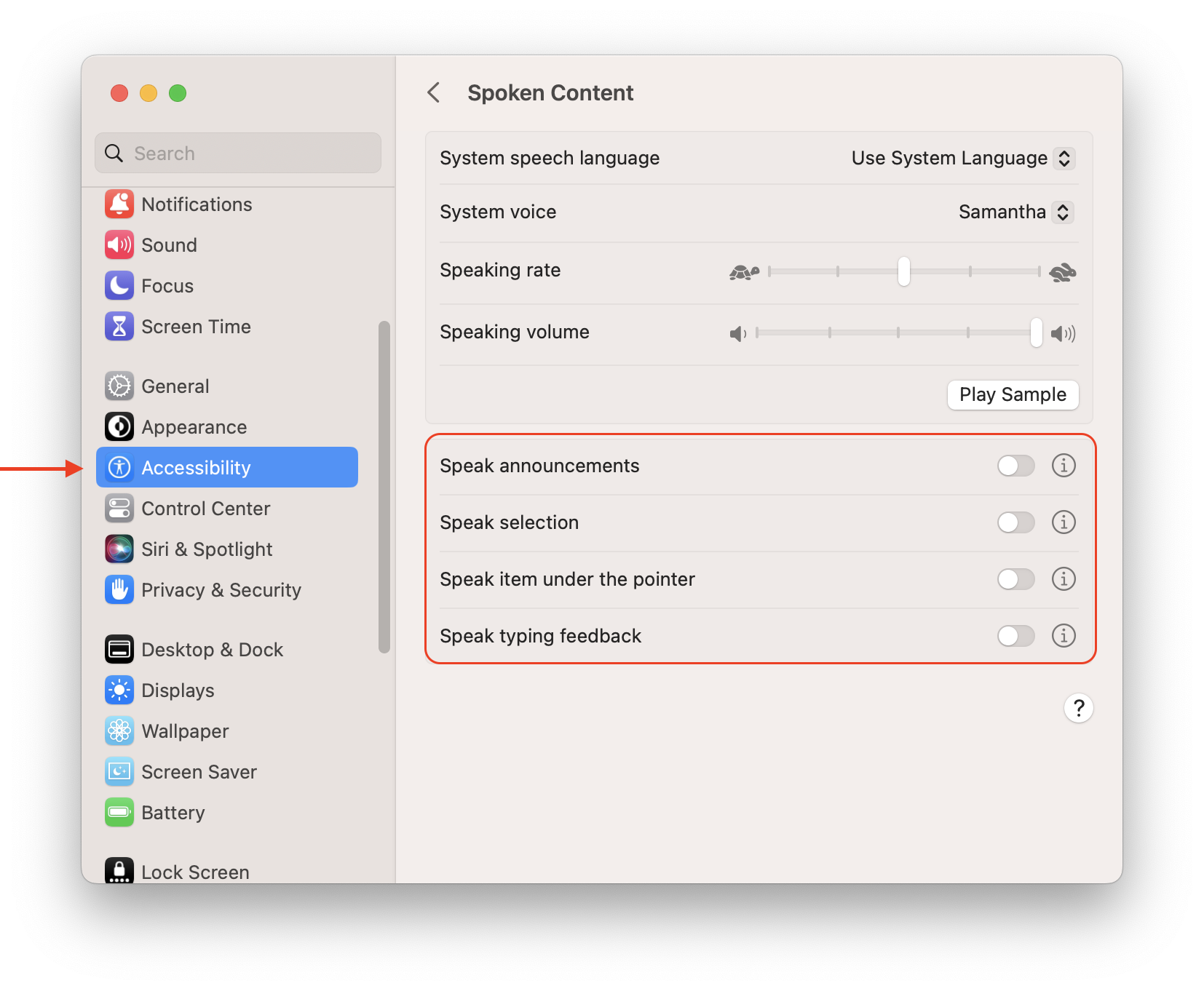 System Preferences showing Spoken Content settings