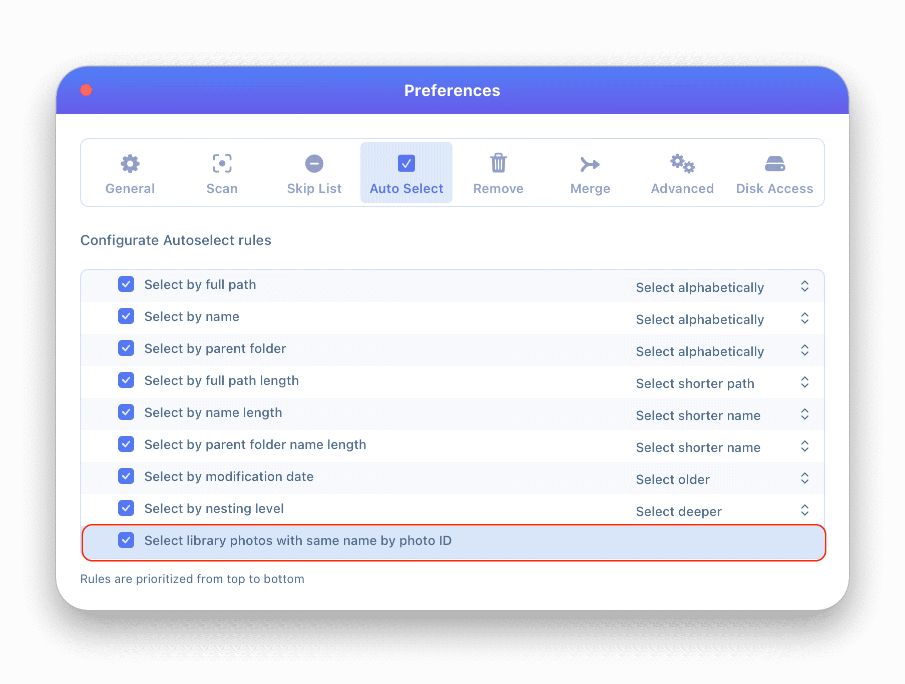 duplicate finder preferences showing the same name rule