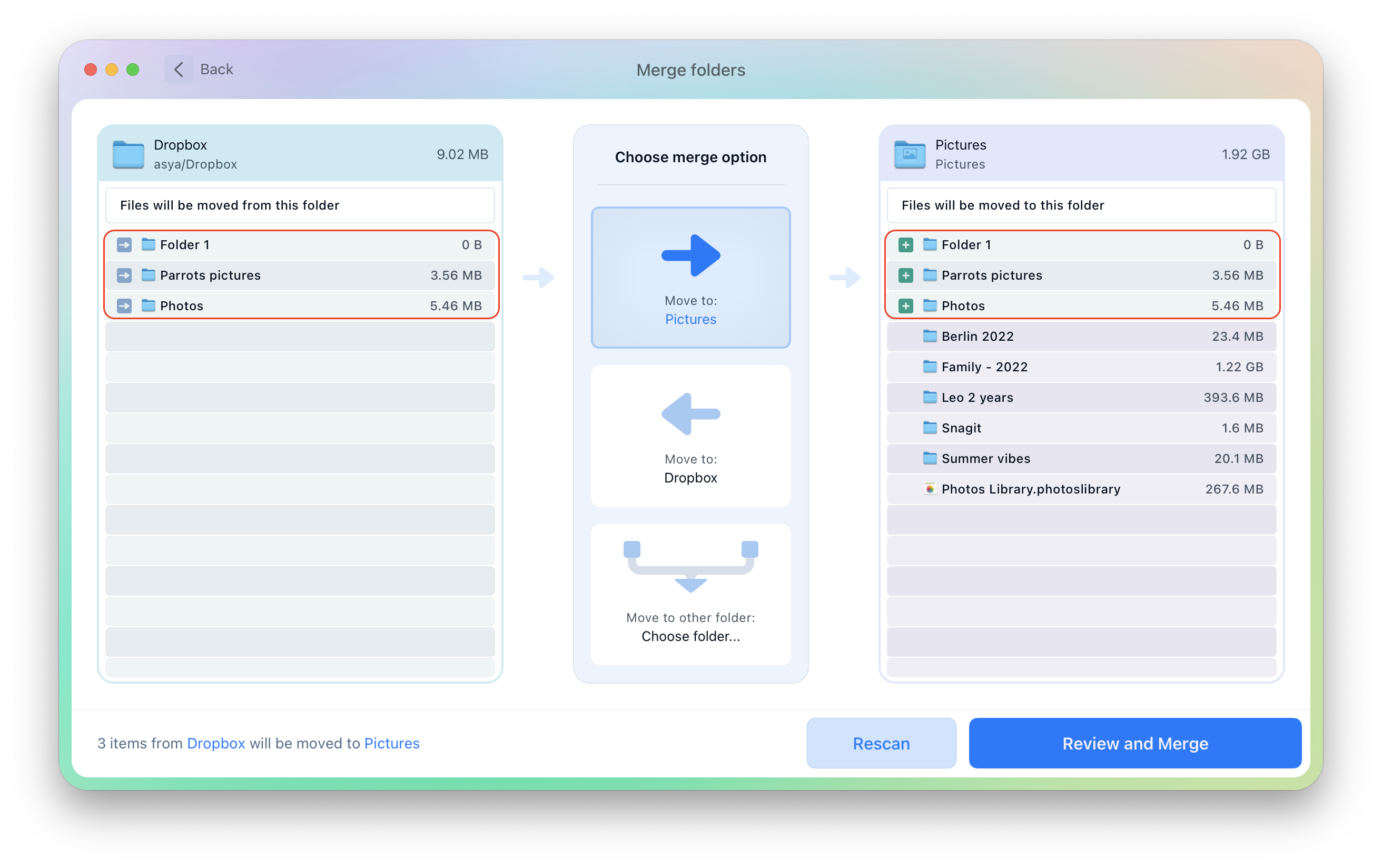 choosing a source and destination folders to merge