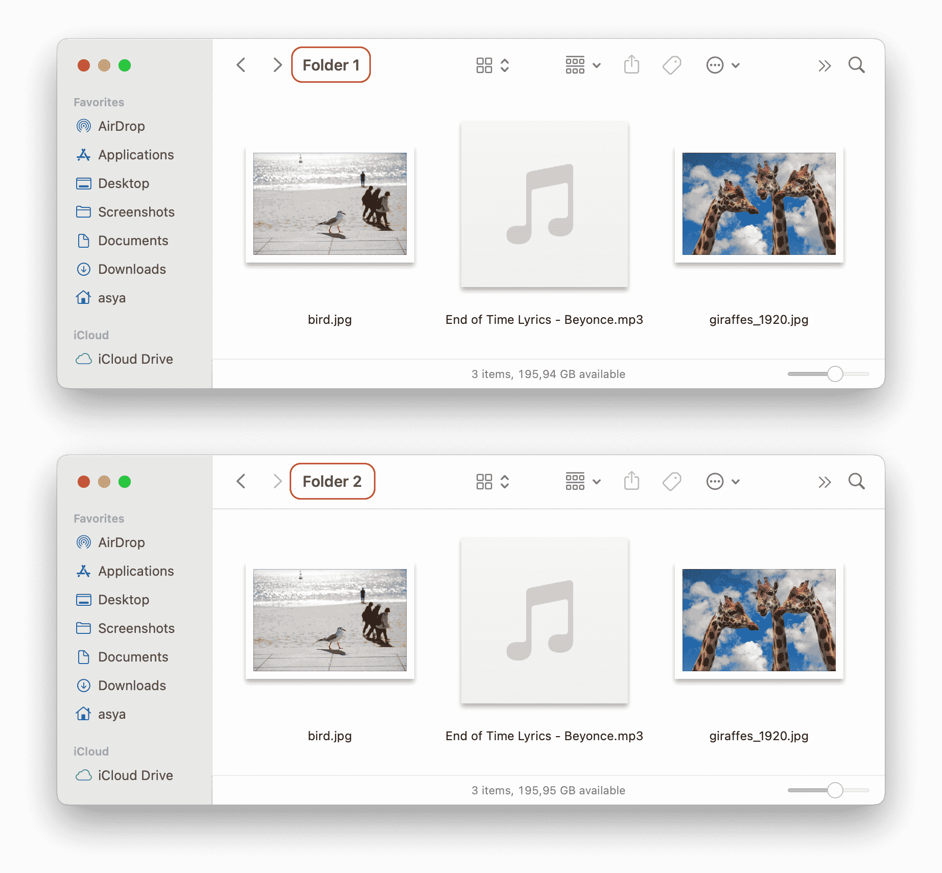 Two Finder windows showing duplicate folders