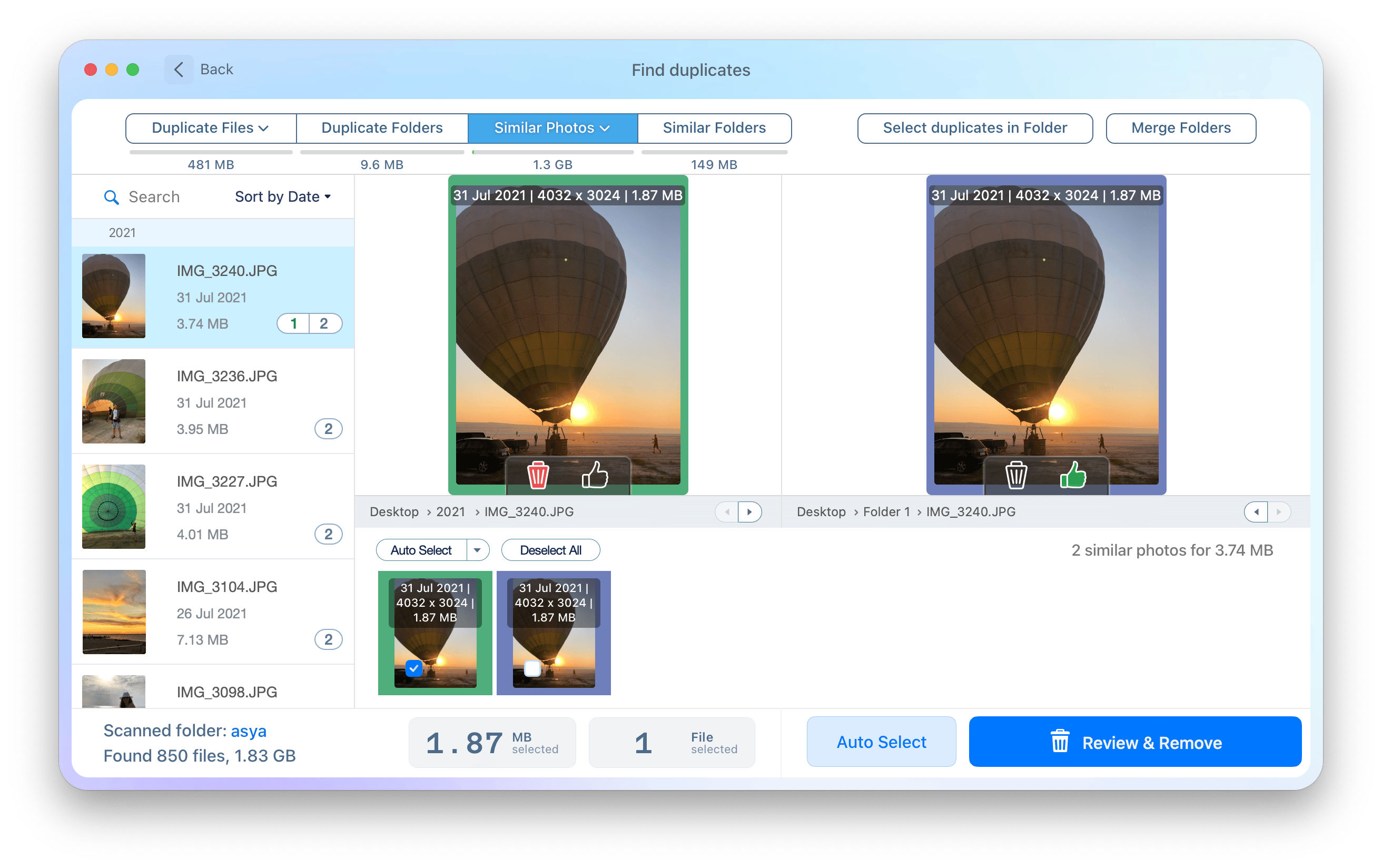 The similar photos section of Duplicate File Finder