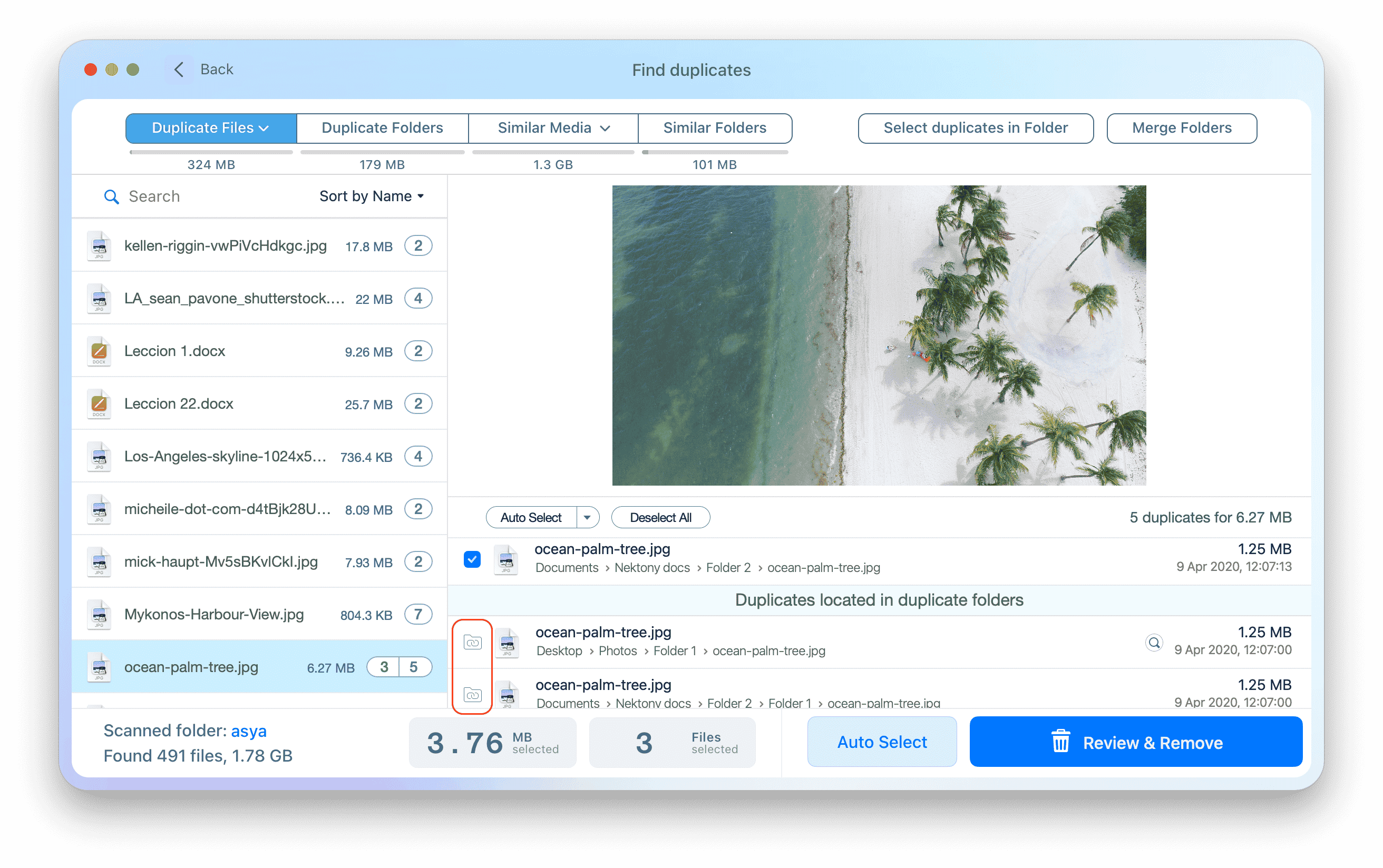Duplicate File Finder showing chain icons in Duplicate Files tab