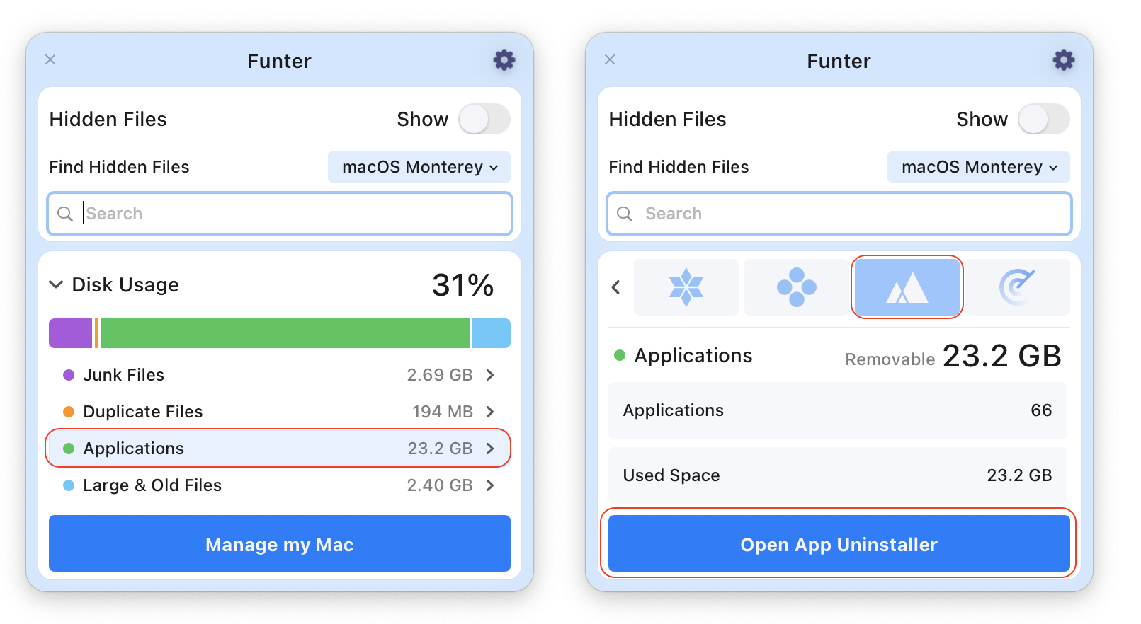 Funter window showing applications info