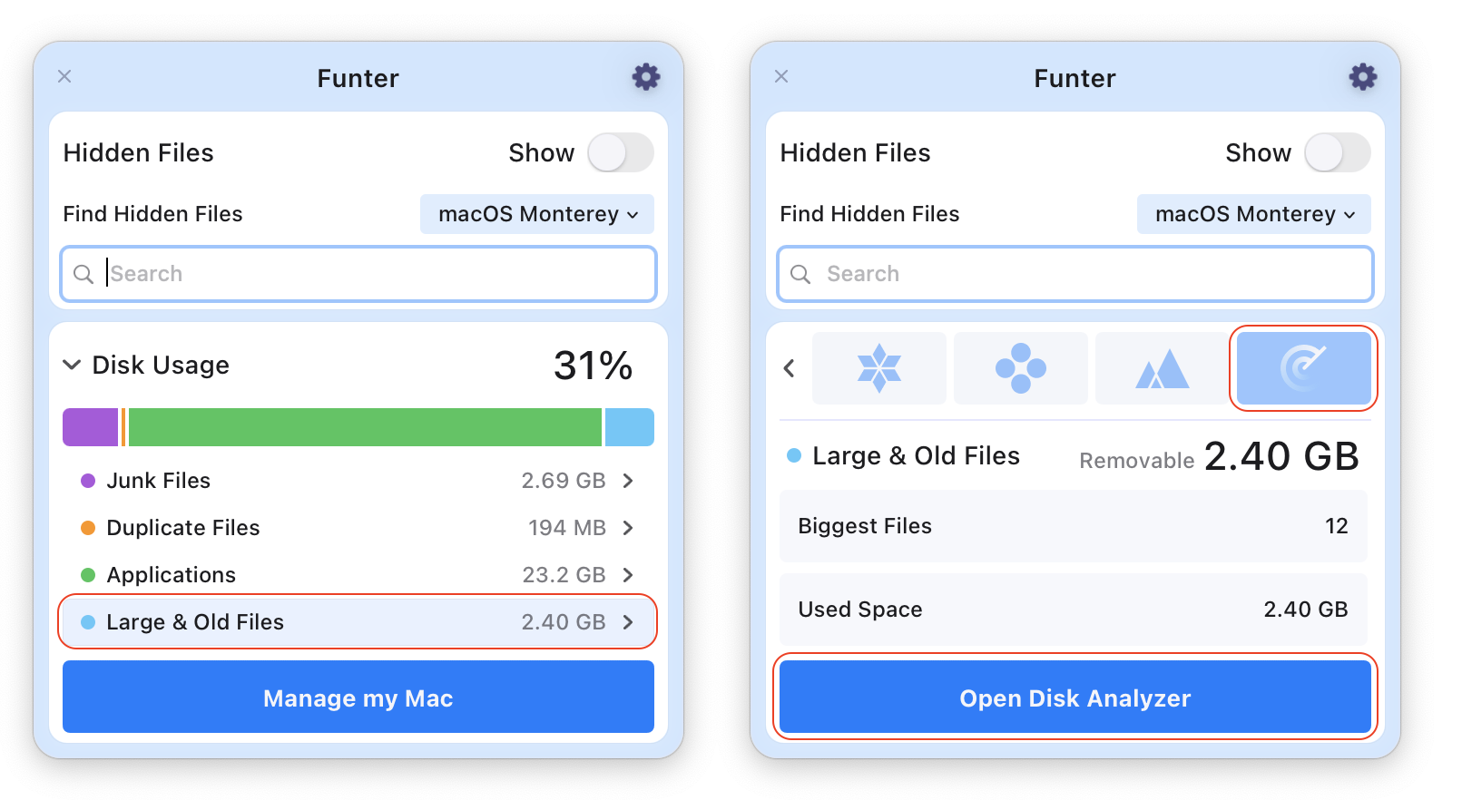 Funter showing the button to open Space Analyzer