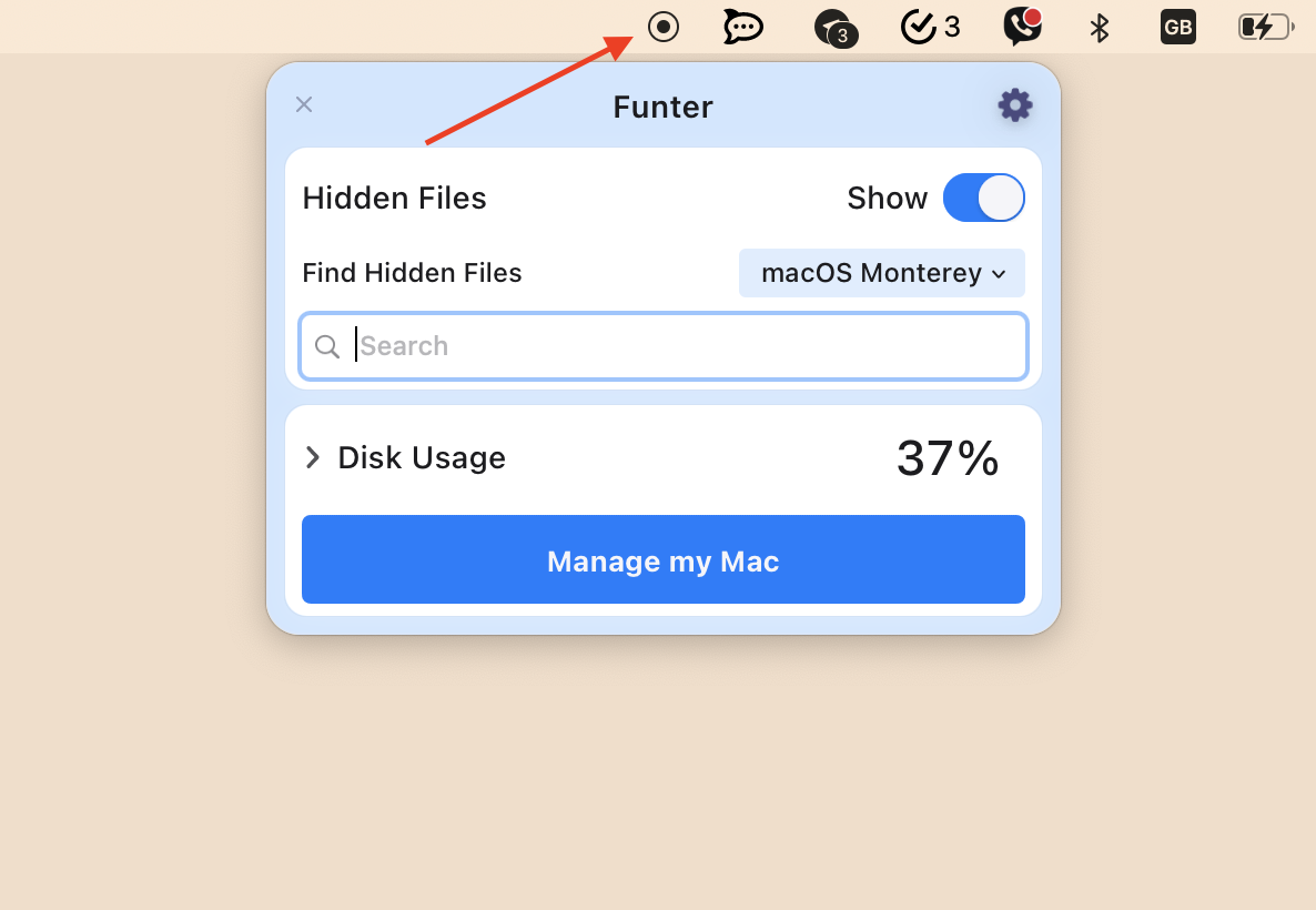 Bouton de commutateur dans Funter pour afficher des fichiers cachés