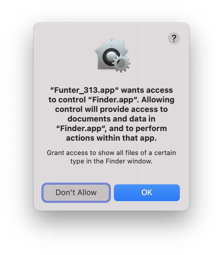 popup showing question to access Finder